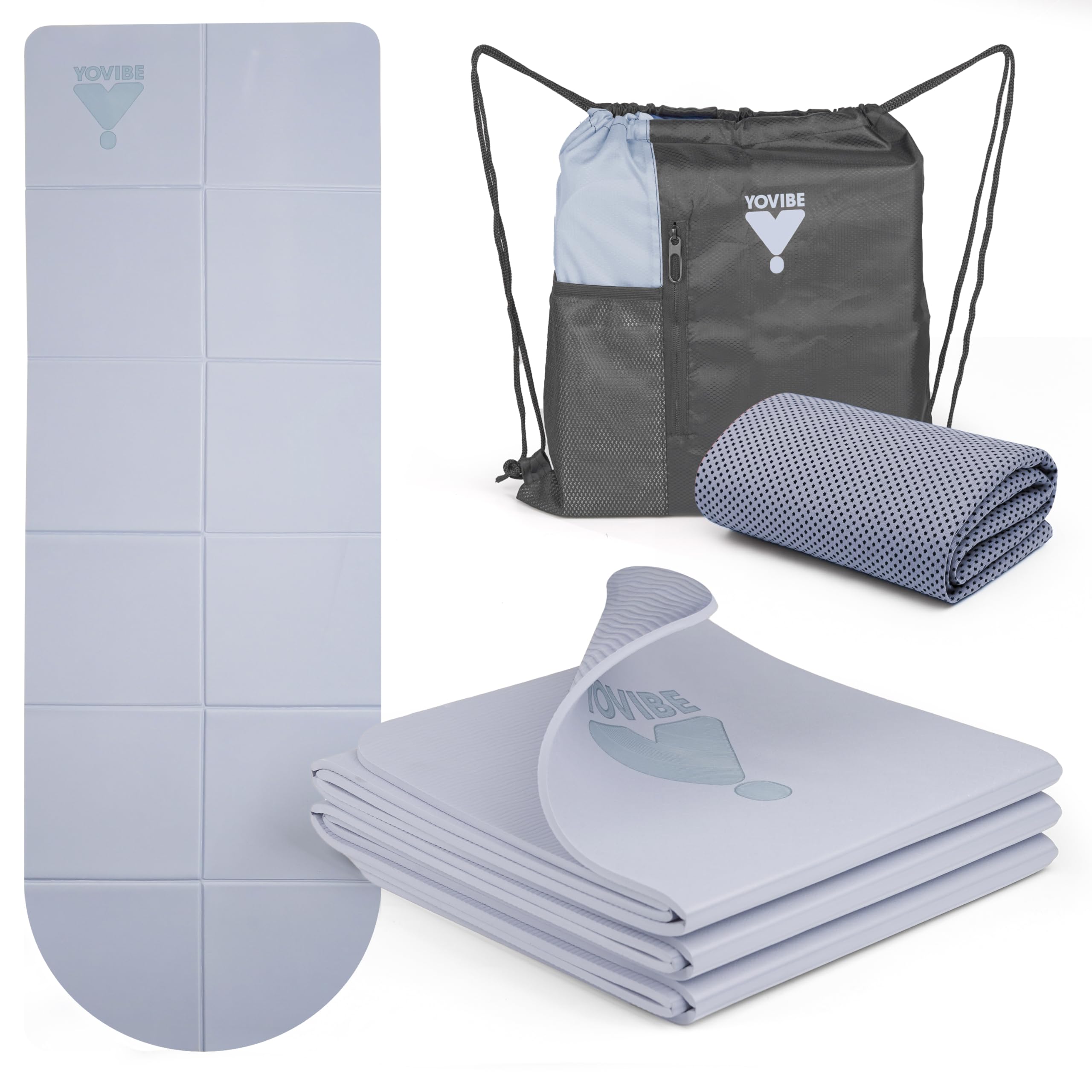 YoVibe - Tappetino Yoga Antiscivolo Professionale con Telo Fitness e Sacca Sportiva - Tappetino Pilates Pieghevole Antiscivolo e Impermeabile 183x60 cm