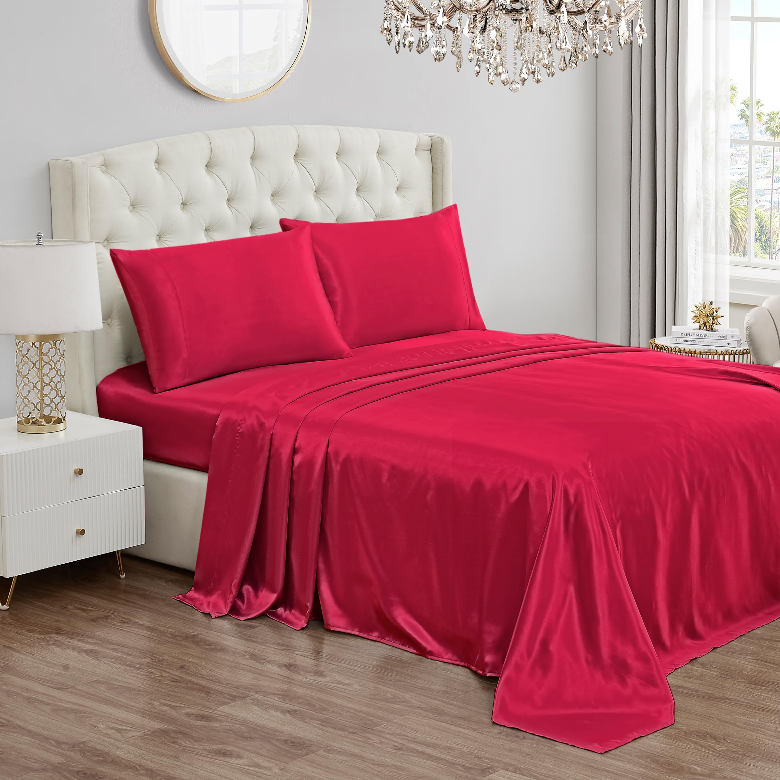 Juicy CoutureKing Size Satin Bed Sheet Set, Deep Pocket Silky Satin King Sheet Set with 1 Fitted Sheet, 1 Flat Sheet, and 2 Pillow Case, Wrinkle Resistant and Anti Pilling Satin Bed Sheets - Hot Pink