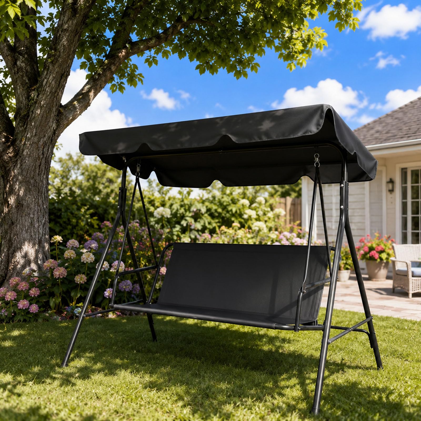 Hollywoodschaukel Sitzbezug, Gartenschaukel Bezug, 900D Oxford Wasserdicht Reißfest, UV Schutz, Outdoor Schaukel Polster Ersatz für 2&3 Sitzer, Wetterfest Schutzbezug, 115x48x48cm (Schwarz)