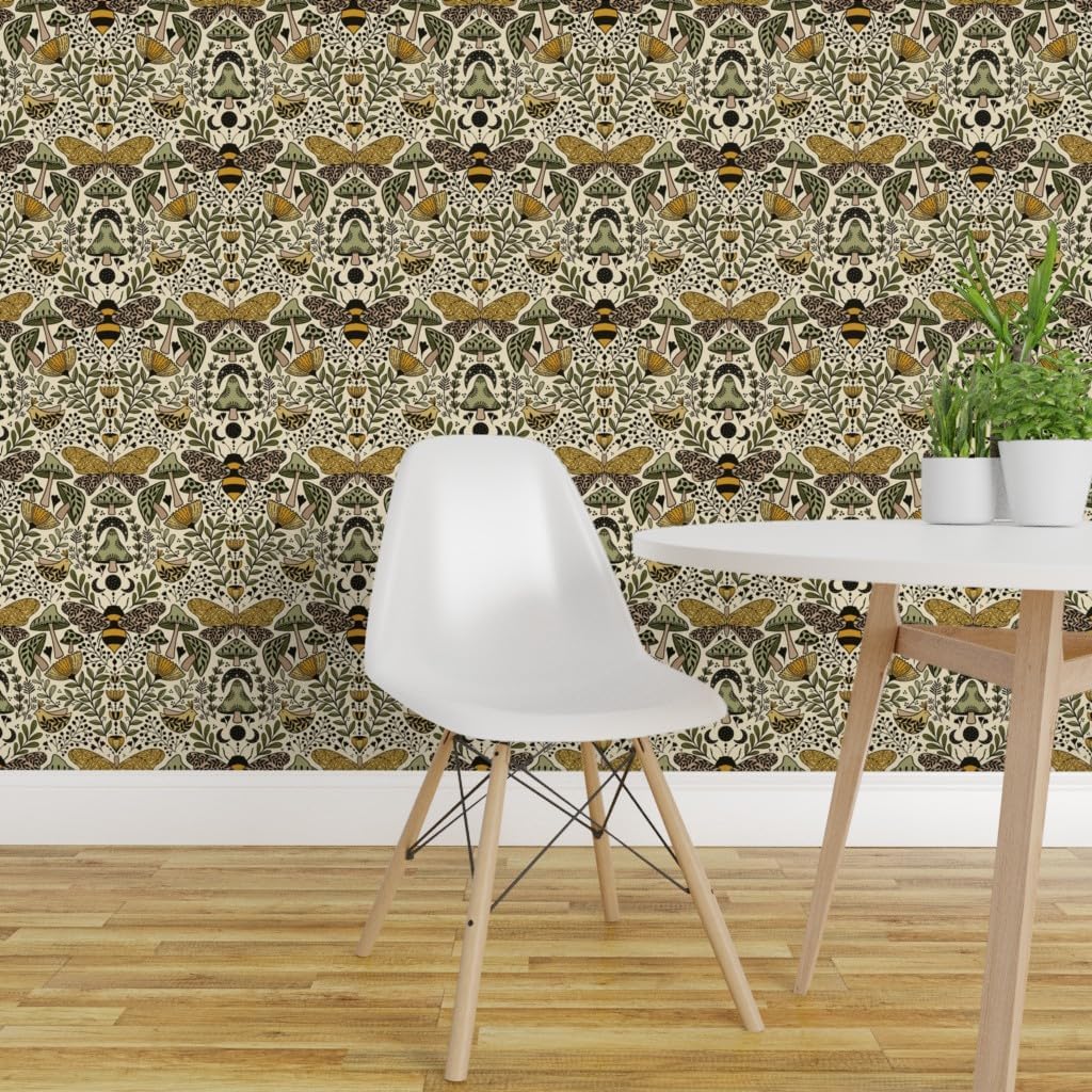 Removable Wallpaper 6ft x 2ft - Mushroom Botanical Art Nouveau Medium Scale Natural Habitat Bees and Moths Wildflowers Custom Pre-Pasted Wallpaper by Spoonflower