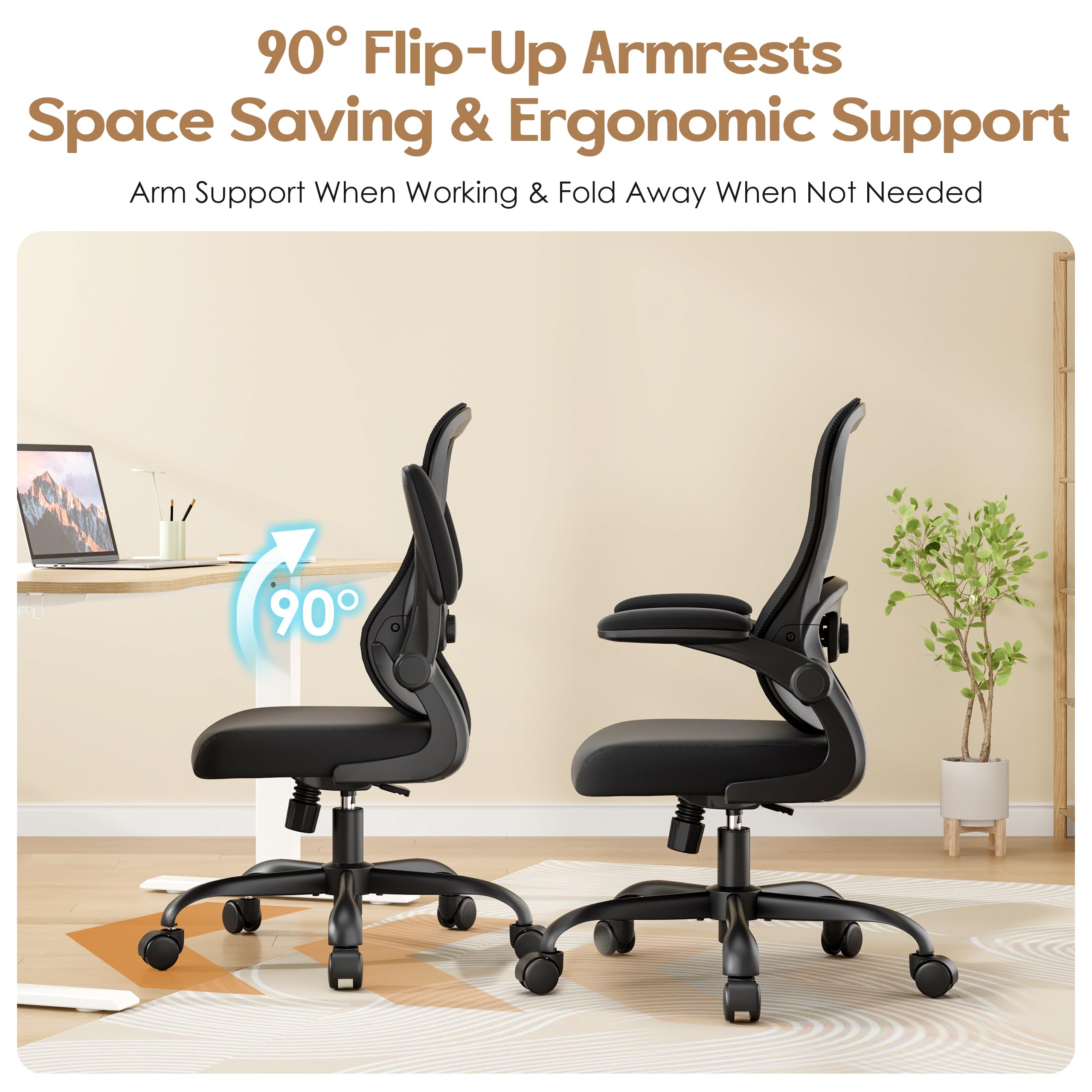 Farini Sedia da ufficio ergonomica in rete, braccioli pieghevoli, supporto lombare regolabile, girevole a 360°, ruote, per casa e scrivania, nera