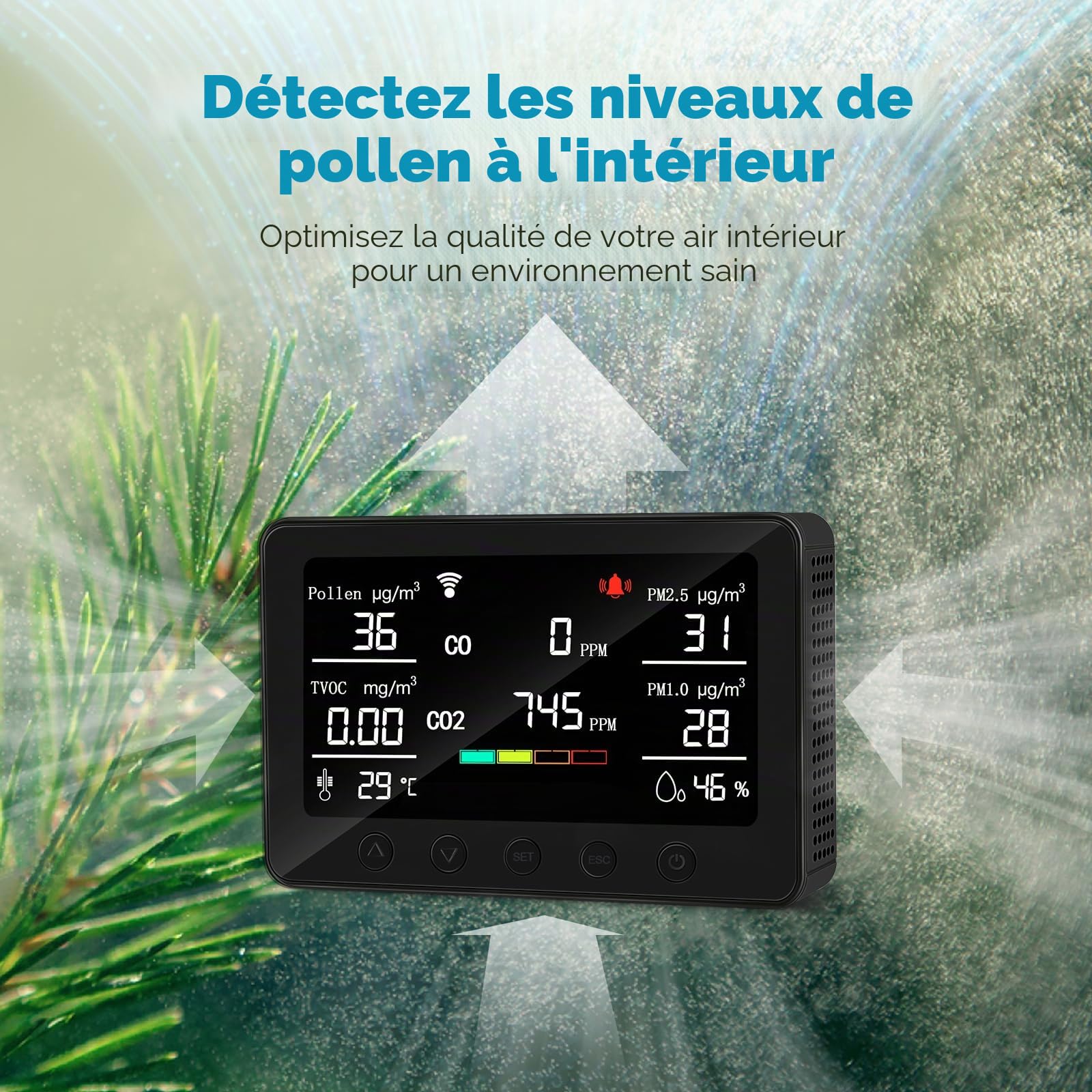 CF-30 Appareil de mesure de la qualité de l'air pour pollen, CO2, PM2,5, PM1,0, TVOC, température, humidité, CO2 avec grand écran LCD, application de configuration et historique des données