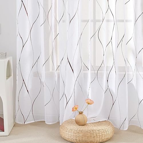 Miniatura 10 de Deconovo - Cortinas translúcidas con patrón de ondas impresas en lámina de aluminio, con aspecto de lino, juego de 2 paneles de cortinas de gasa con