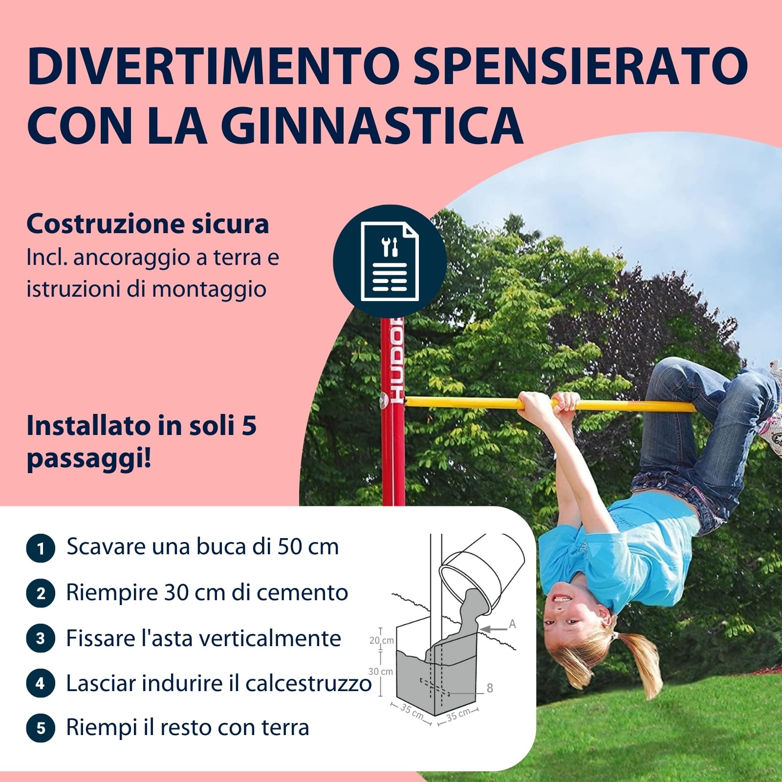 Sbarra Per Trazioni HUDORA Fabian - Regolabile Su 4 Altezze (71.5-150 Cm), Per Esterno, Portata Fino A 100 Kg, In Acciaio Inossidabile, Per Bambini E Adulti