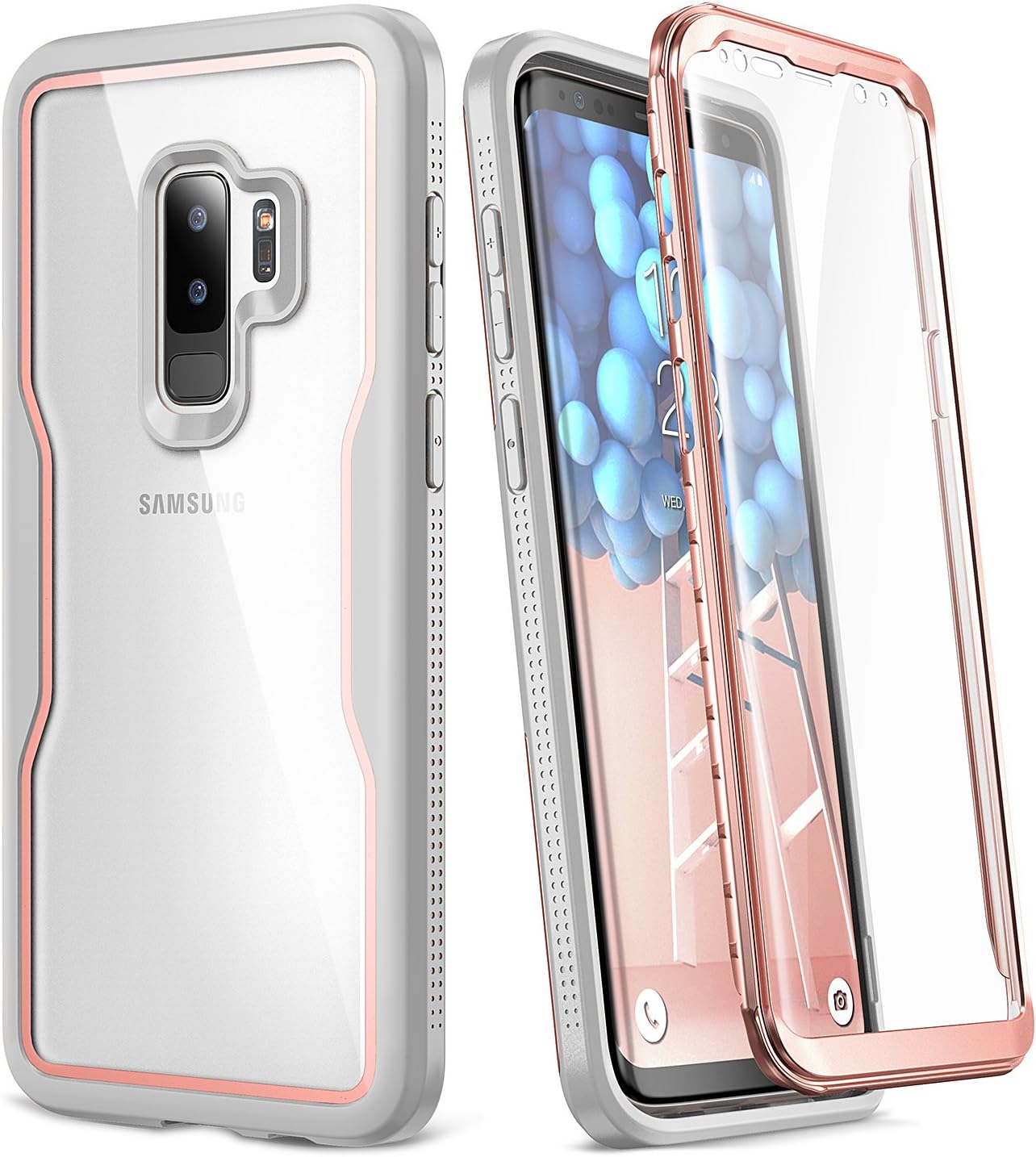 YOUMAKER Galaxy S9+ Plus Case, Crystal Clear with Built-in Screen Protector Full-Body Heavy Duty Protection Slim Fit Shockproof Case Cover for Samsung Galaxy S9 Plus (2018) - Clear/Rose Gold/Gray