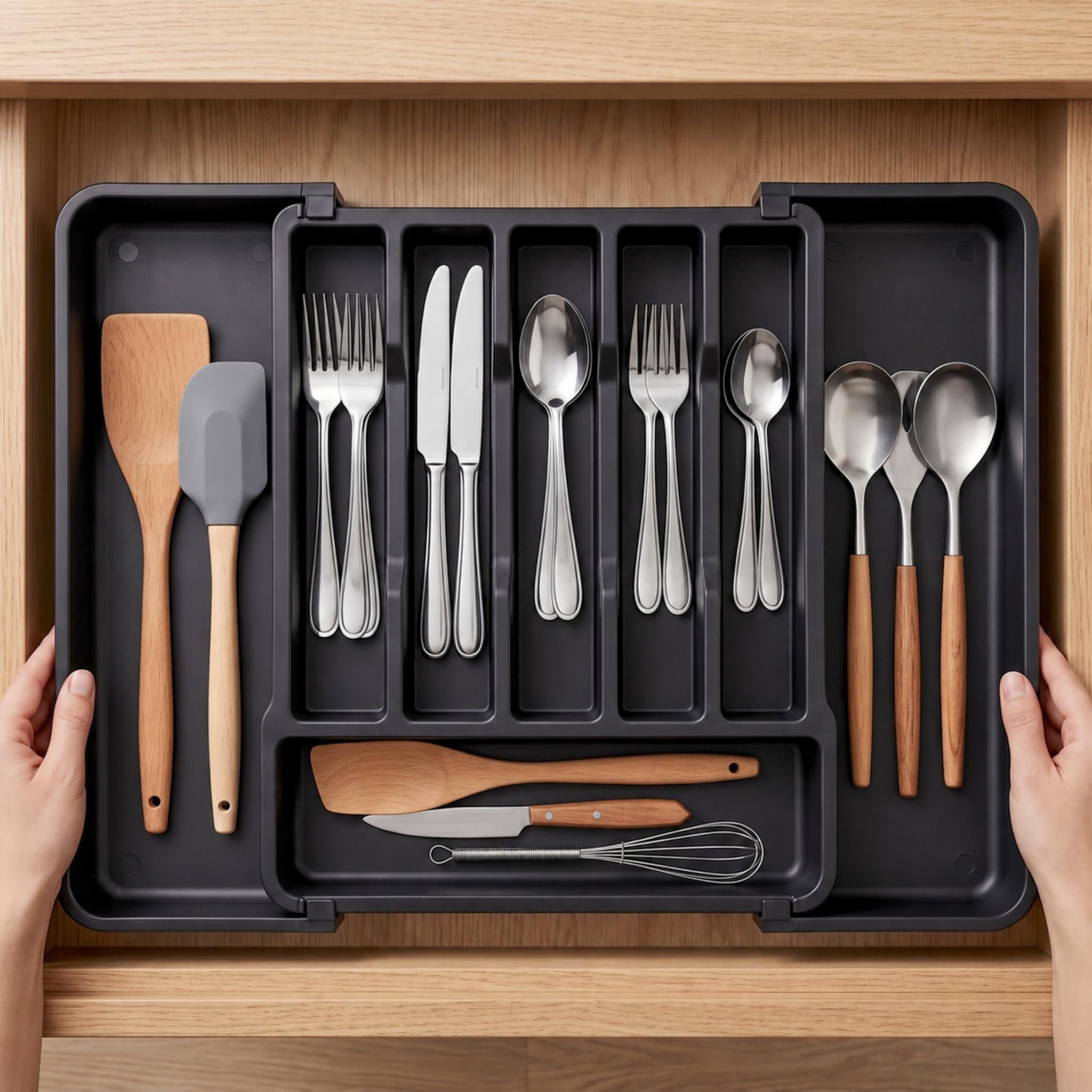 TEX-RO Expandable Cutlery Tray for Kitchen Drawer | Adjustable Utensil Organizer with Multiple Compartments | Plastic Spoon, Fork & Knife Storage for Modular Kitchen