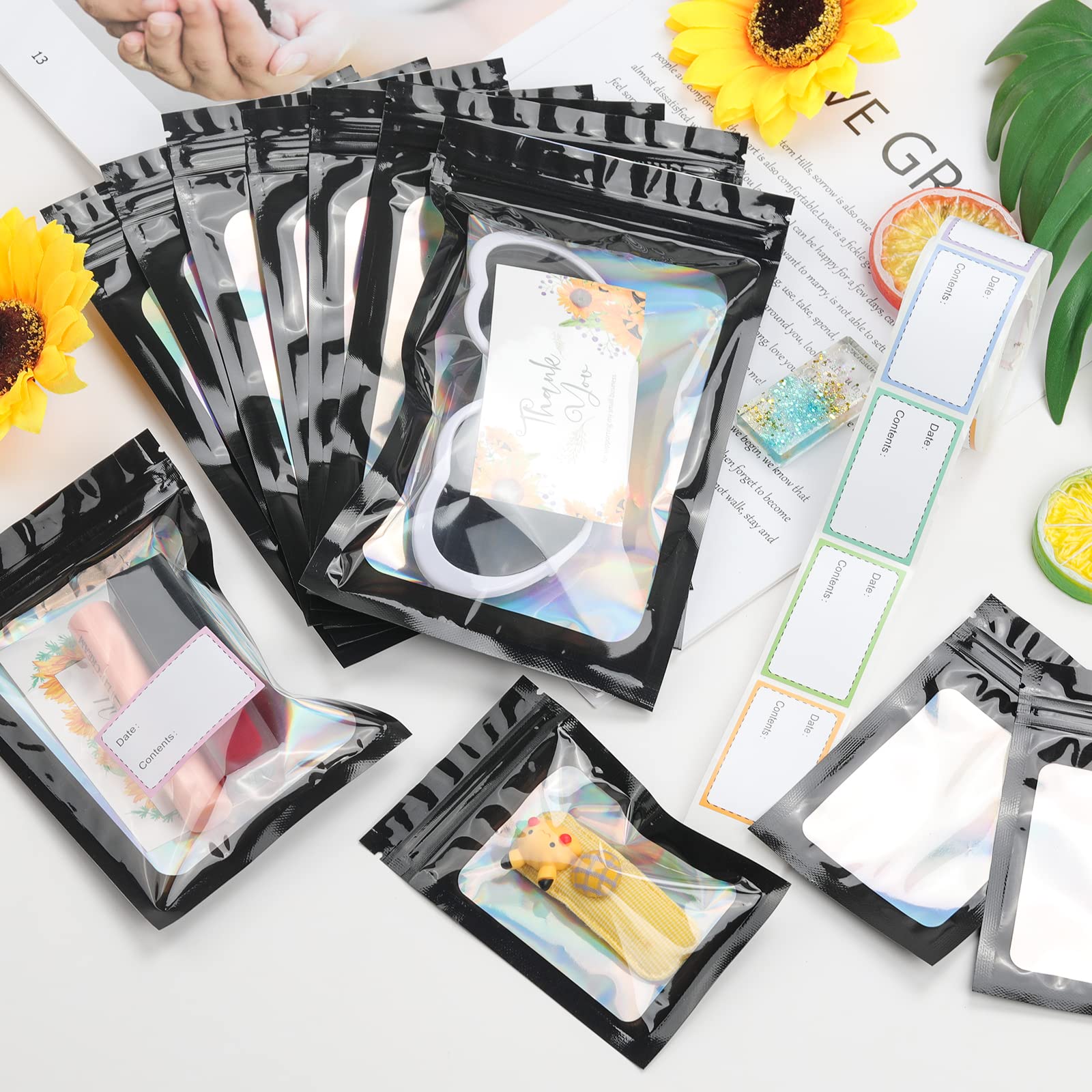 Paquete de 300 bolsas de Mylar resellables de 3 tamaños, bolsa a prueba de olores para almacenamiento de alimentos, bolsas de embalaje holográficas con ventana frontal para muestras de aperitivos, 6