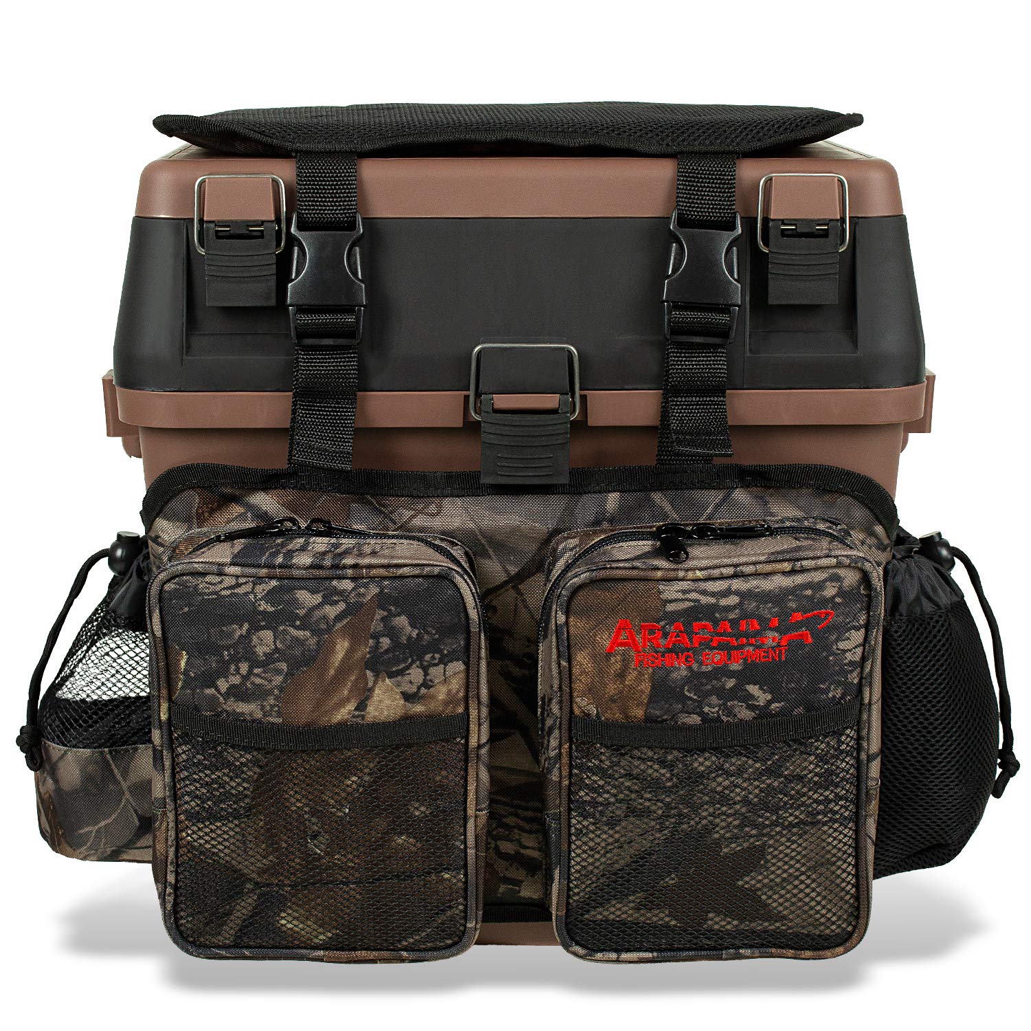 Sitzkiepe | Angelbox | Angelrucksack inkl. 4 Kunststoffboxen für Angelzubehör - Braun/Camouflage