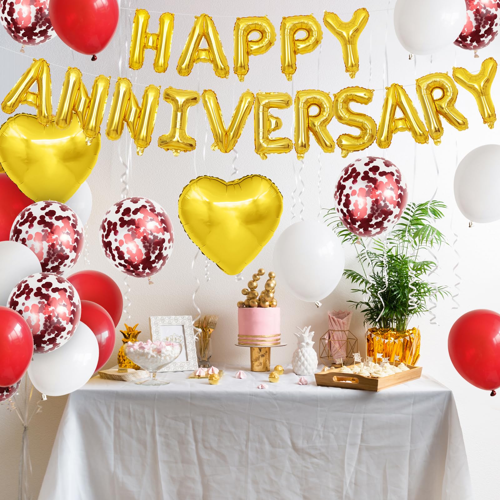 Anniversary Decorations Red Gold,Happy Anniversary Foil Balloon Banner with Confetti Balloons,Latex,Foil Heart Balloons for Celebrations Surprise Events Romantic Night Weddings - Image 4