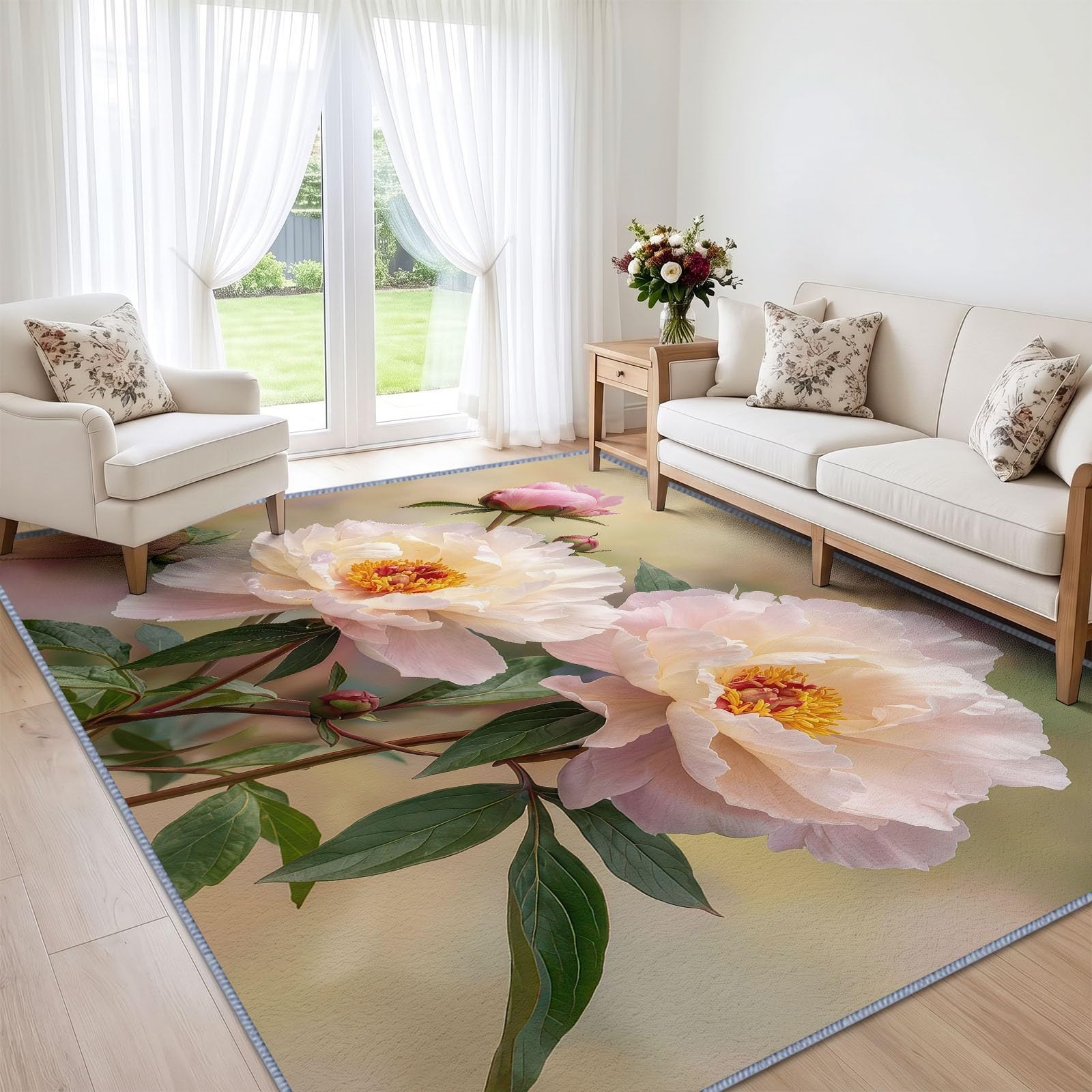 Générique Fleur Rouge Feuille Verte Tapis 140x200 cm Lavable en Machine, Floral Nature Tapis AntidéRapant Doux Poil Ras, pour Salon, Chambre et Salle à Manger