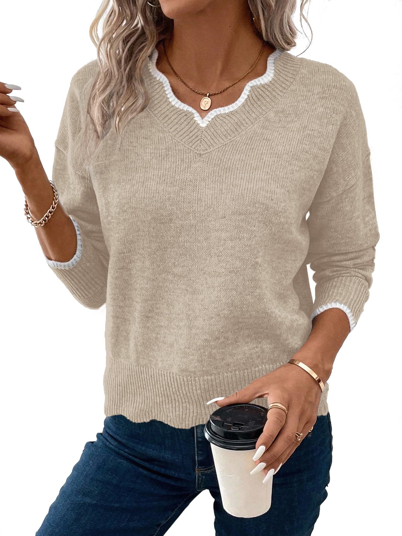 SKAYS Womens V Neck Sweater Cozy Lightweight Knit Pullover Sweaters Long Sleeve Fall Outfits Dressy Casual Tops
