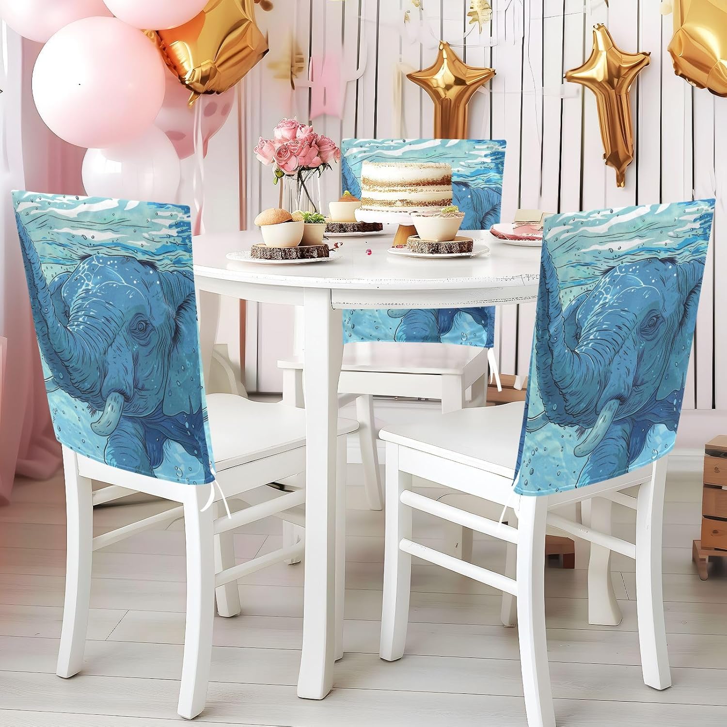 ALAZA Swimming Elephant Chair Back Cover Set of 6, Washable Reusable Removable Chair Slipcovers Decorative Chair Cover for Home Kitchen Wedding Party