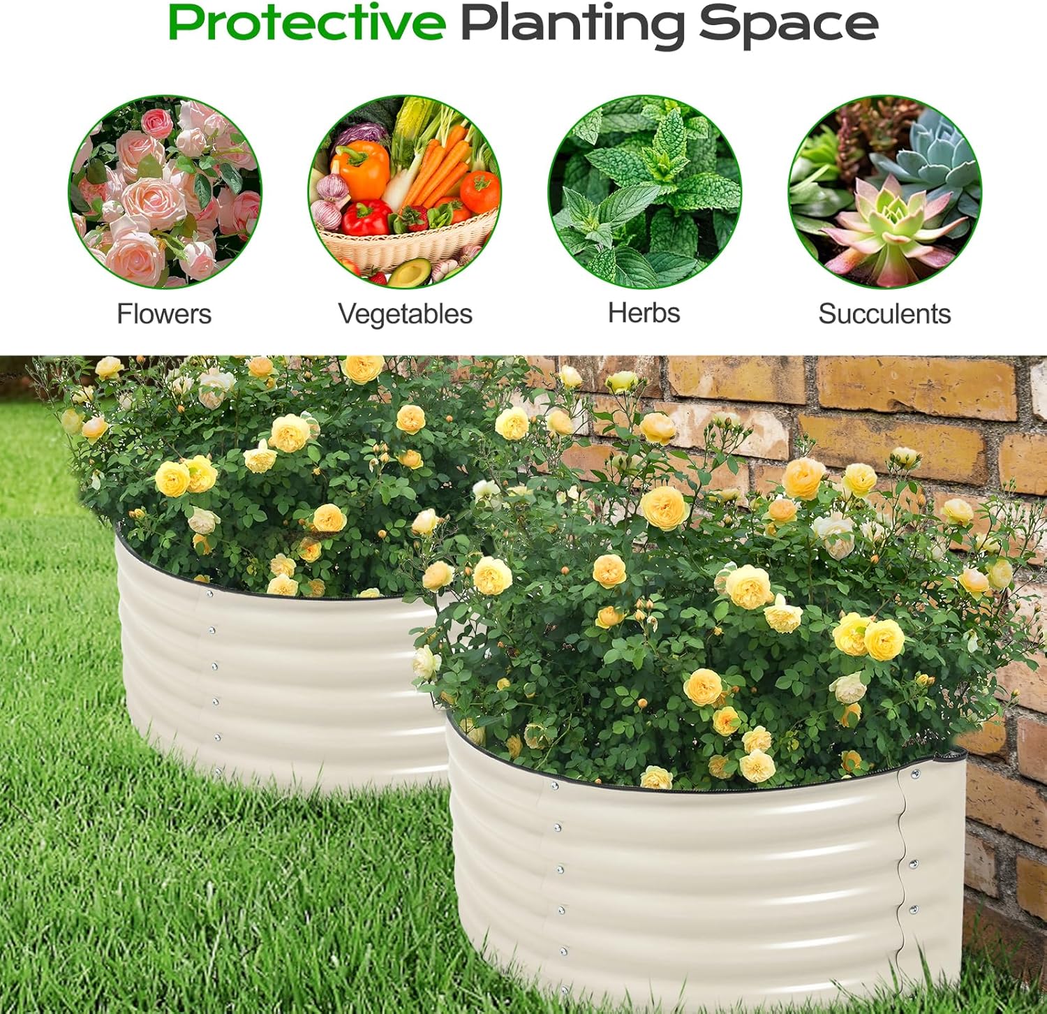 Aoodor 42" L x 24" W x 17" H Half Moon Galvanized Raised Garden Bed, Durable Semi-Circular Outdoor Planter Boxes for Vegetables, Flowers, and Herbs, Set of 2, Beige