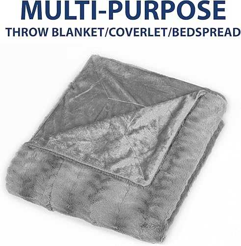Miniatura 2 de Cathay Home Luxe 108181 - Manta de piel sintética de visón en relieve ultrasuave, tamaño King, gris, 1 pieza, manta, cubrecama
