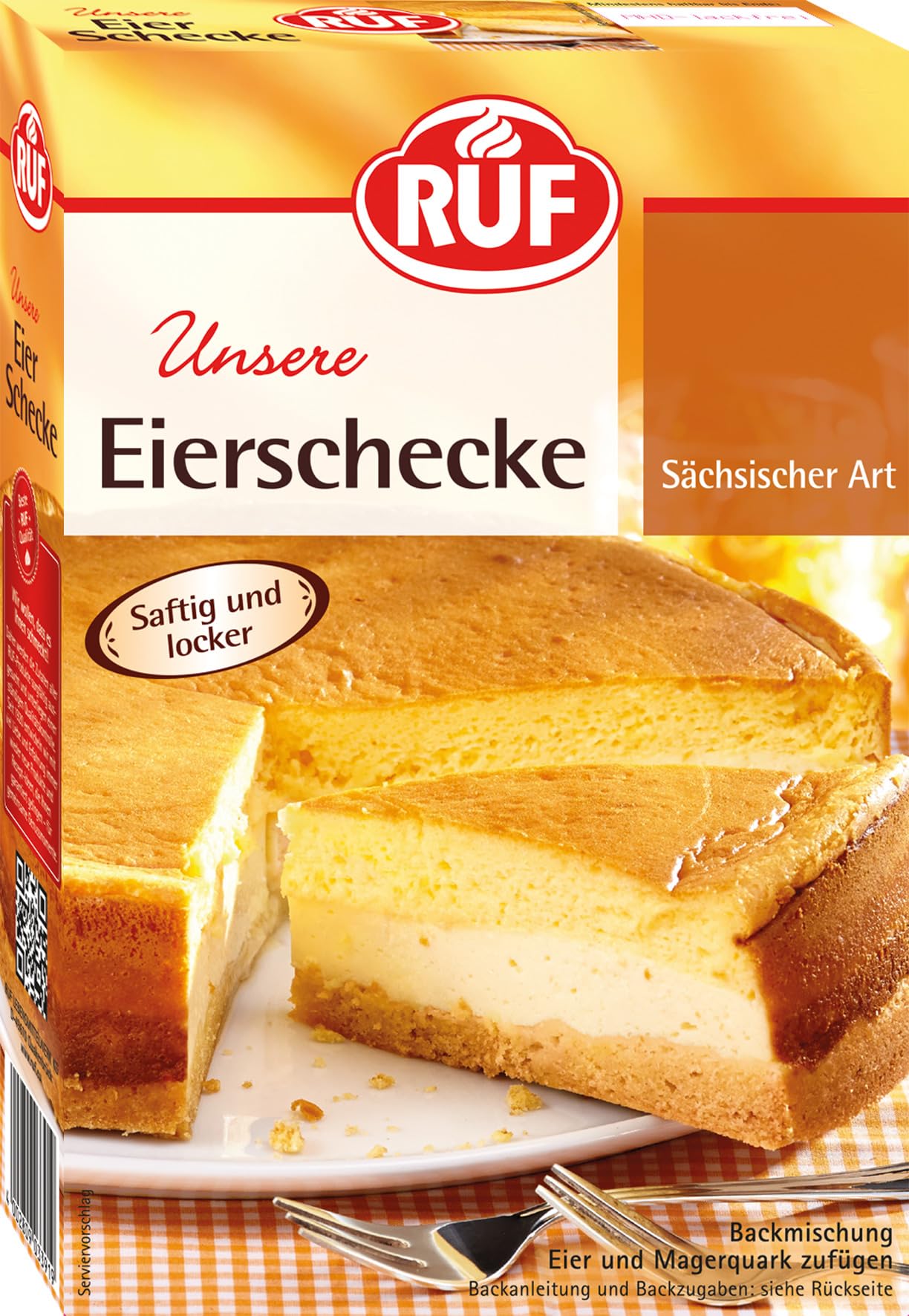 RUF Eierschecke Kuchen, Backmischung für einen cremigen Käsekuchen sächsischer Art mit Quark-Füllung und Scheckenmasse