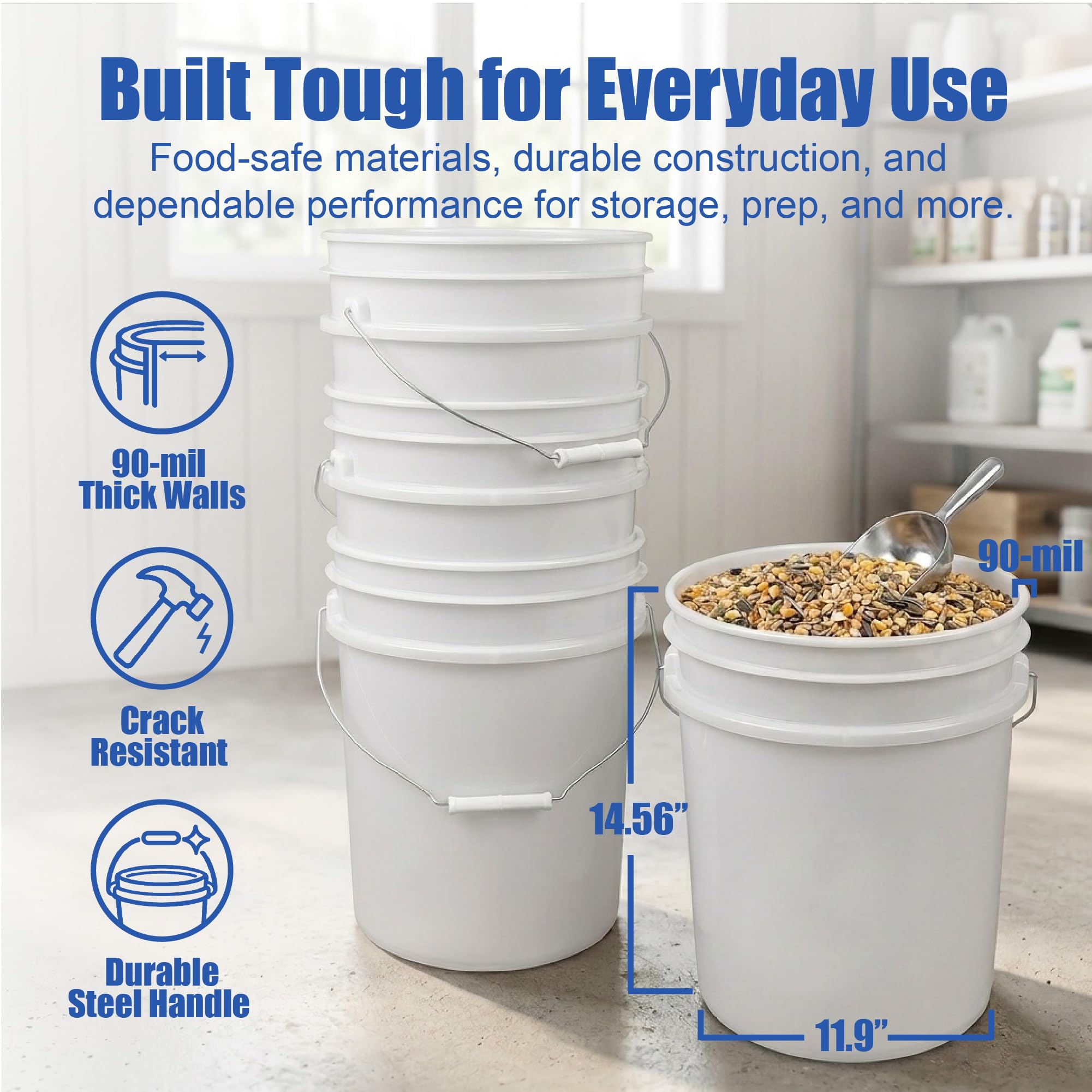 5 gallon cubo blanco y tapa – Durable 90 Mil cubo multiusos – Calidad alimentaria – plástico libre de BPA