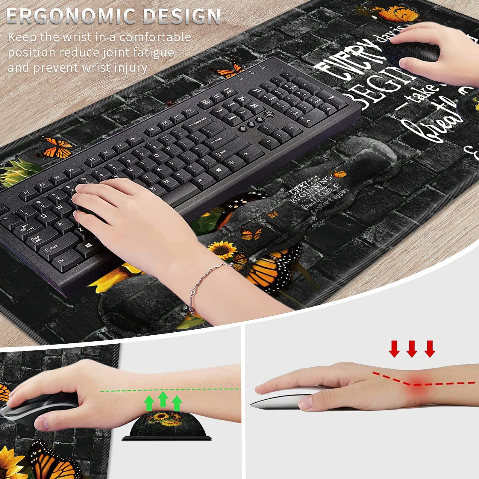 Großes Mauspad, Handgelenkauflage, 4-teiliges Set, erweitertes Gaming-Mauspad + Tastatur-Handgelenkauflage + Handgelenkauflagekissen + Untersetzer, rutschfeste Gummiunterseite, Schreibtischunterlage