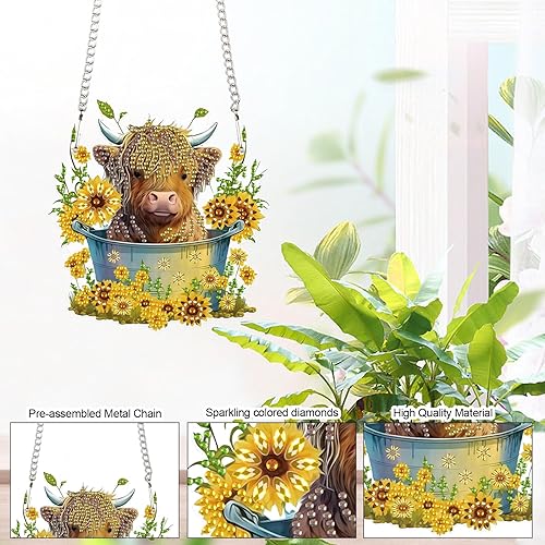 Miniatura 6 de Adorno de pintura de diamante 5D DIY diamante arte animal vaca y girasol diseño creativo hecho a mano acrílico colgante mosaico kits por números