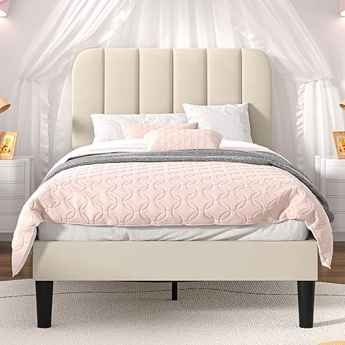 VECELO Twin Size Bed Frame with Upholstered Headboard, Velvet Platform Bedframe Mattress Foundation, Strong Wood Slat Support, No Box Spring Needed,Bone Beige