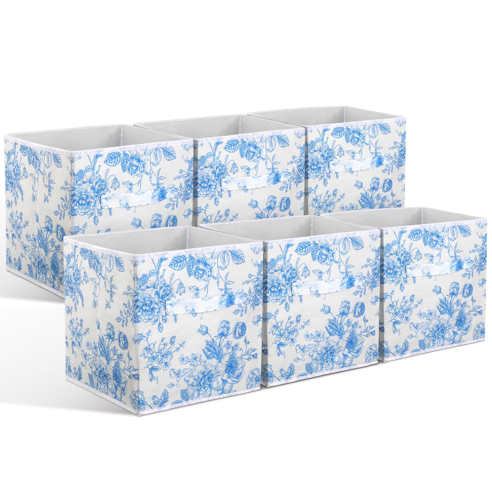 Geelin 6 Pcs Blue Floral Cube Storage Bins 11 Inch