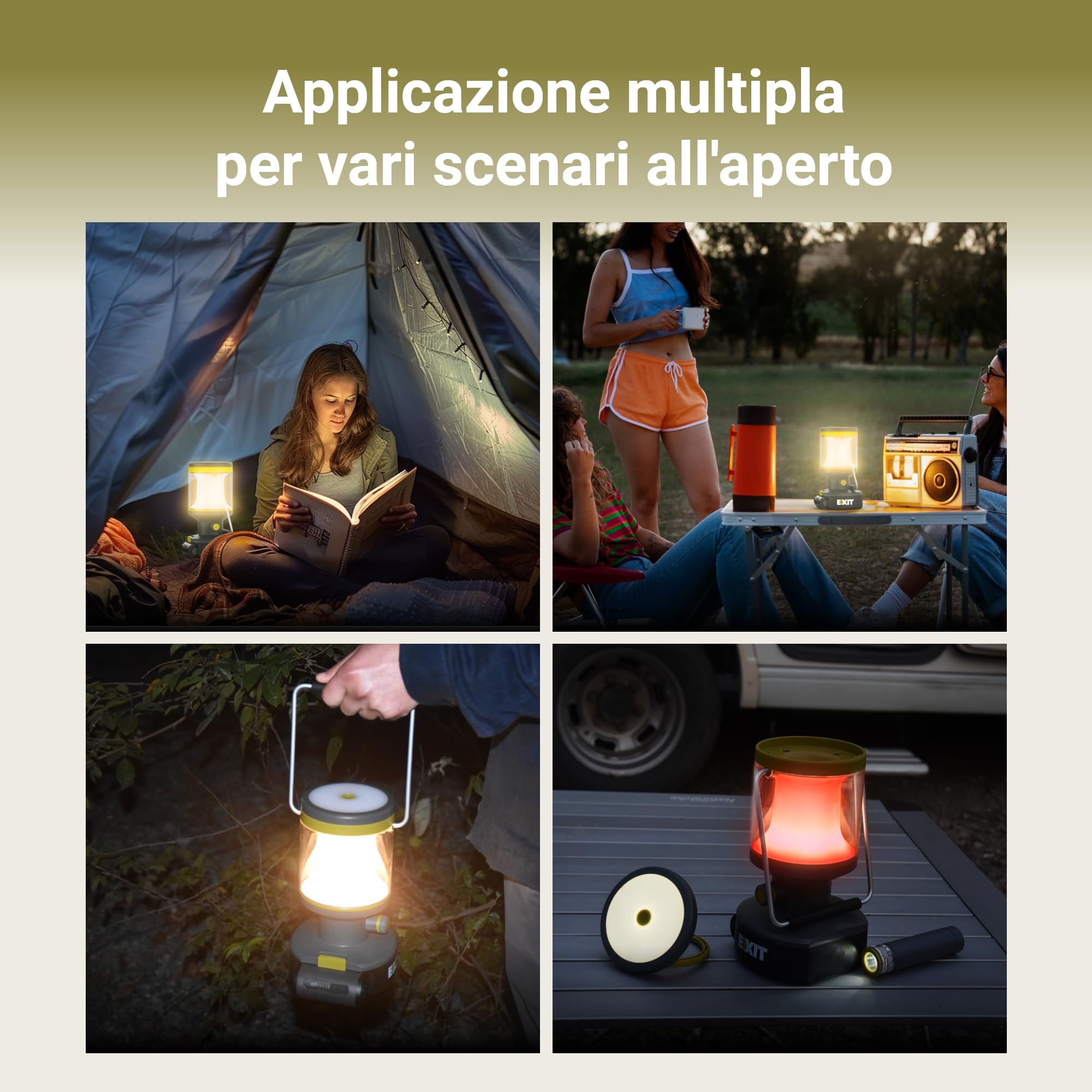 EXIT EX003 Lampada LED Ricaricabile 20V 3 in 1 con Torcia, Batteria 2,0Ah | Lanterna multifunzione ideale per campeggio, caccia, emergenze e lavoro. Luce LED potente con batteria da 2,0 Ah inclusa.