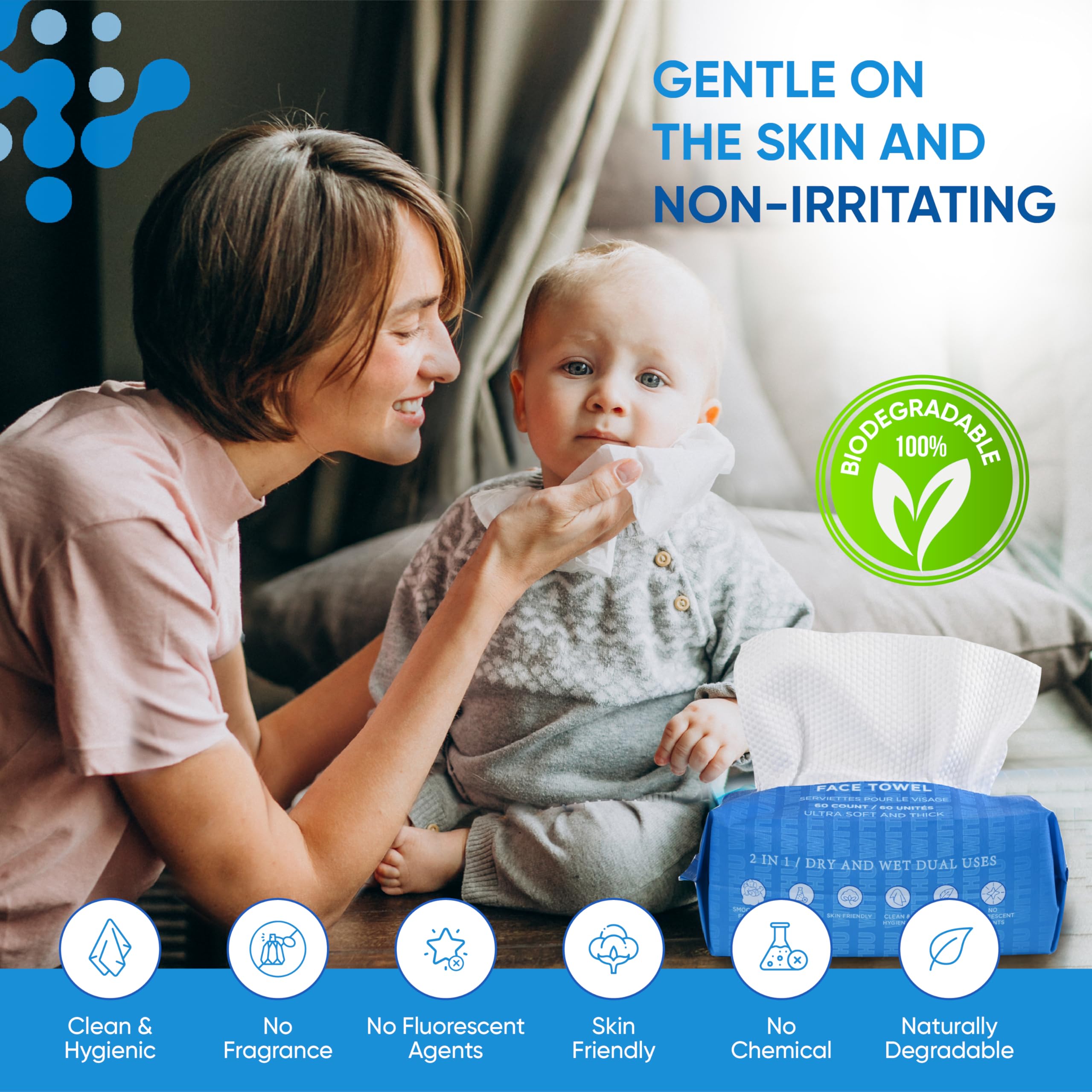 WITHU Disposable Face Towels, Ultra Soft, Biodegradable Makeup Remover Wipes, Hypoallergenic & Lint-Free Towelettes for Facial Cleansing, Multi-Use Dry Washcloths for All Skin Types/Travel 20 Ct