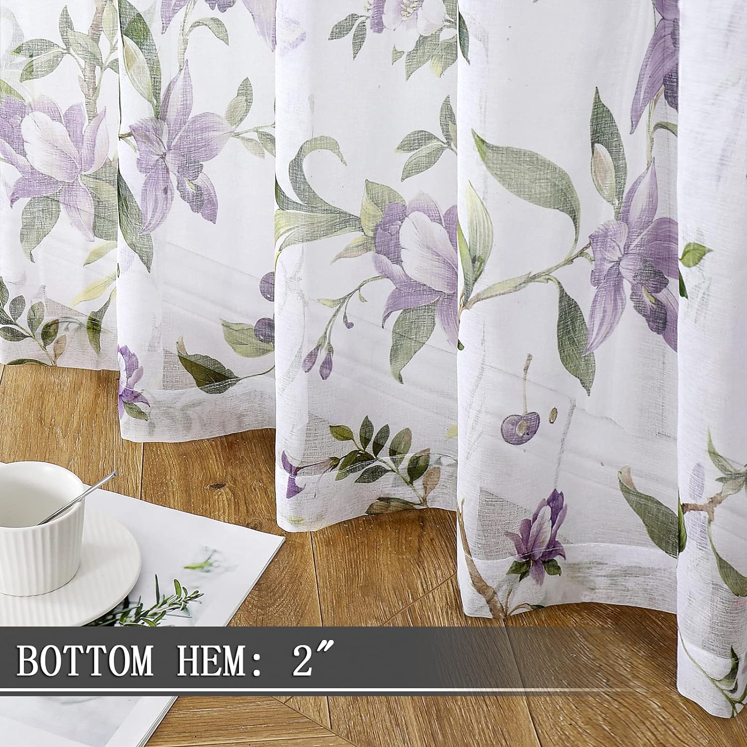 Tollpiz Floral Sheer Curtain Purple Cherry Flower Butterfly Print Living Room Curtains Rod Pocket Voile Linen Look White Sheer Curtain for Bedroom, 54 x 84 inches Long, Set of 2 Panels