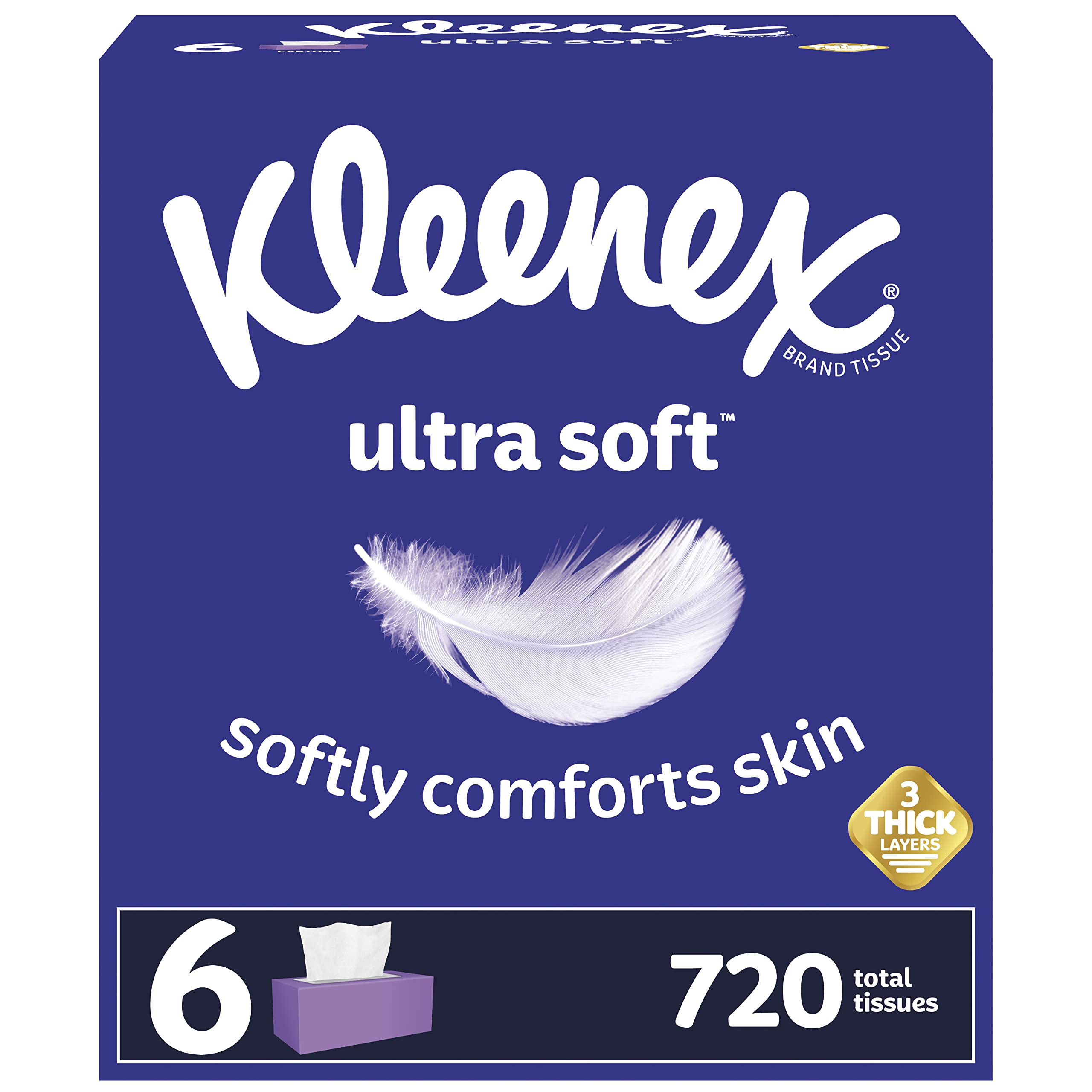 Kleenex Ultra Soft Facial Tissues Soft Facial Tissue 6 Flat Boxes 120 Tissues per Box 3-Ply 720 Total