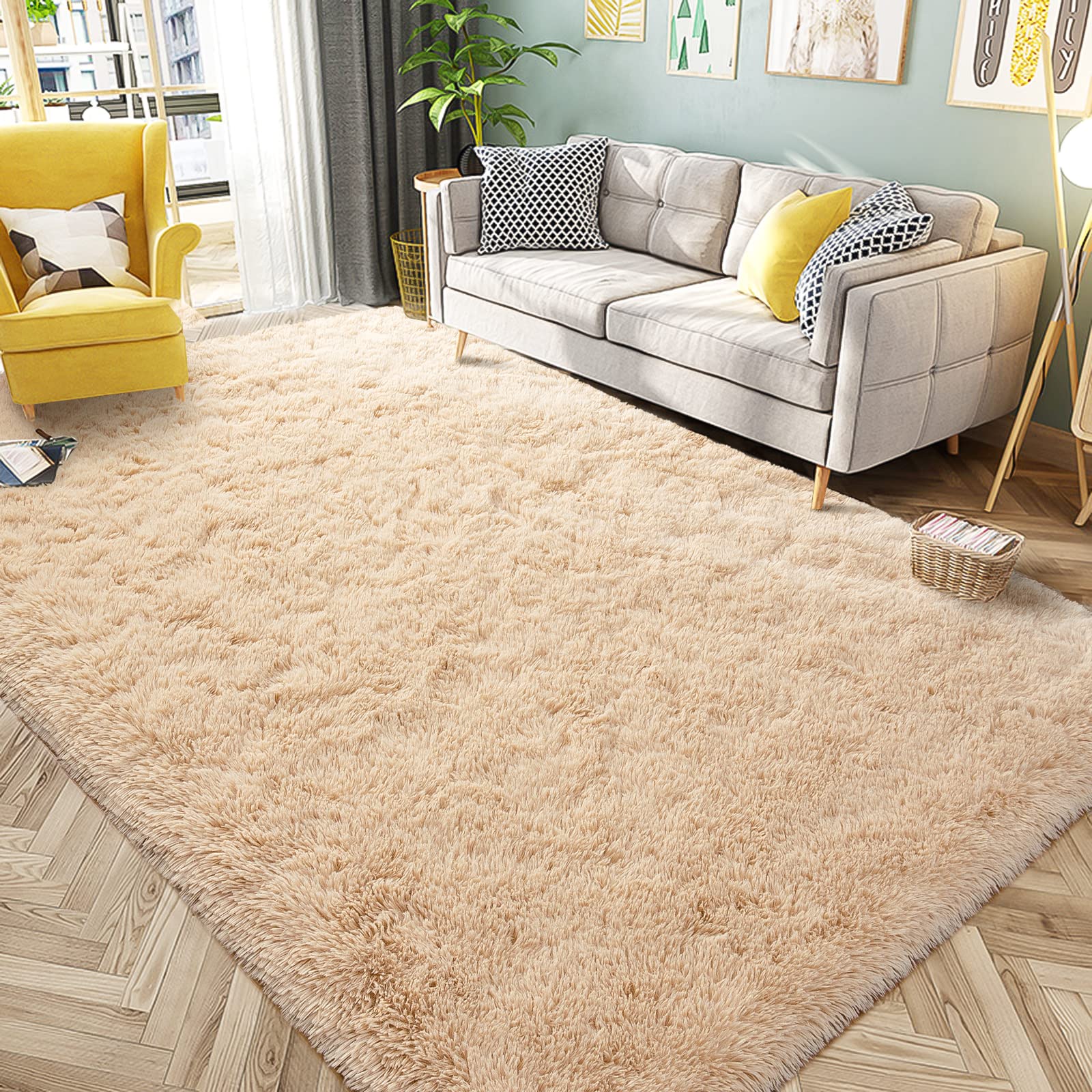 HQAYW 8x10 Area Rug for Living Room Large Fluffy Bedroom Rugs Ultra Soft Shaggy Carpet for Kids Girls Room Non-Slip Fuzzy Dorm Rugs Comfy Home Decor Floor Carpet, 8x10 Feet, Light Tan