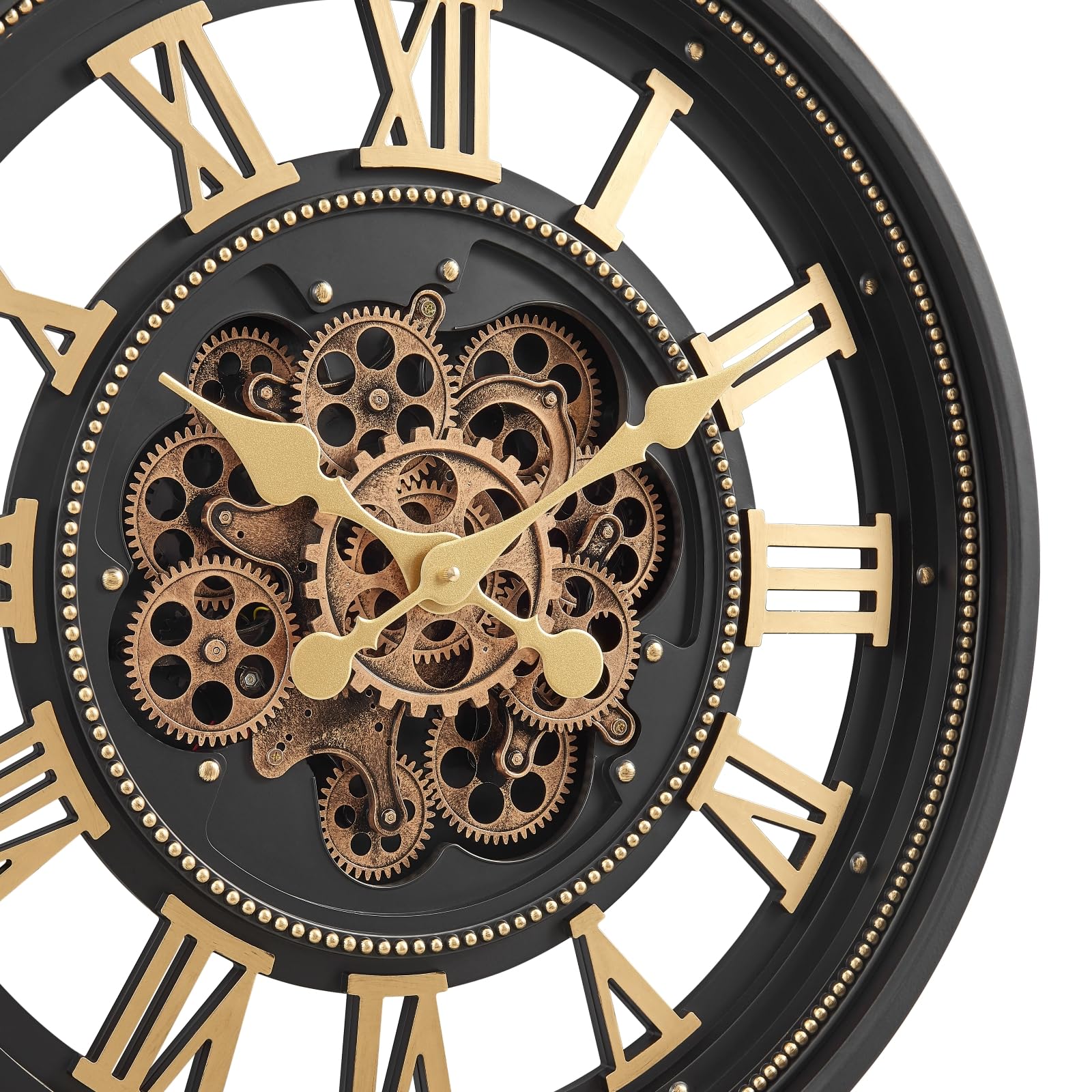 CLXEAST Orologio da parete da 61 cm con ingranaggi mobili, numeri romani, moderno nero e finitura oro