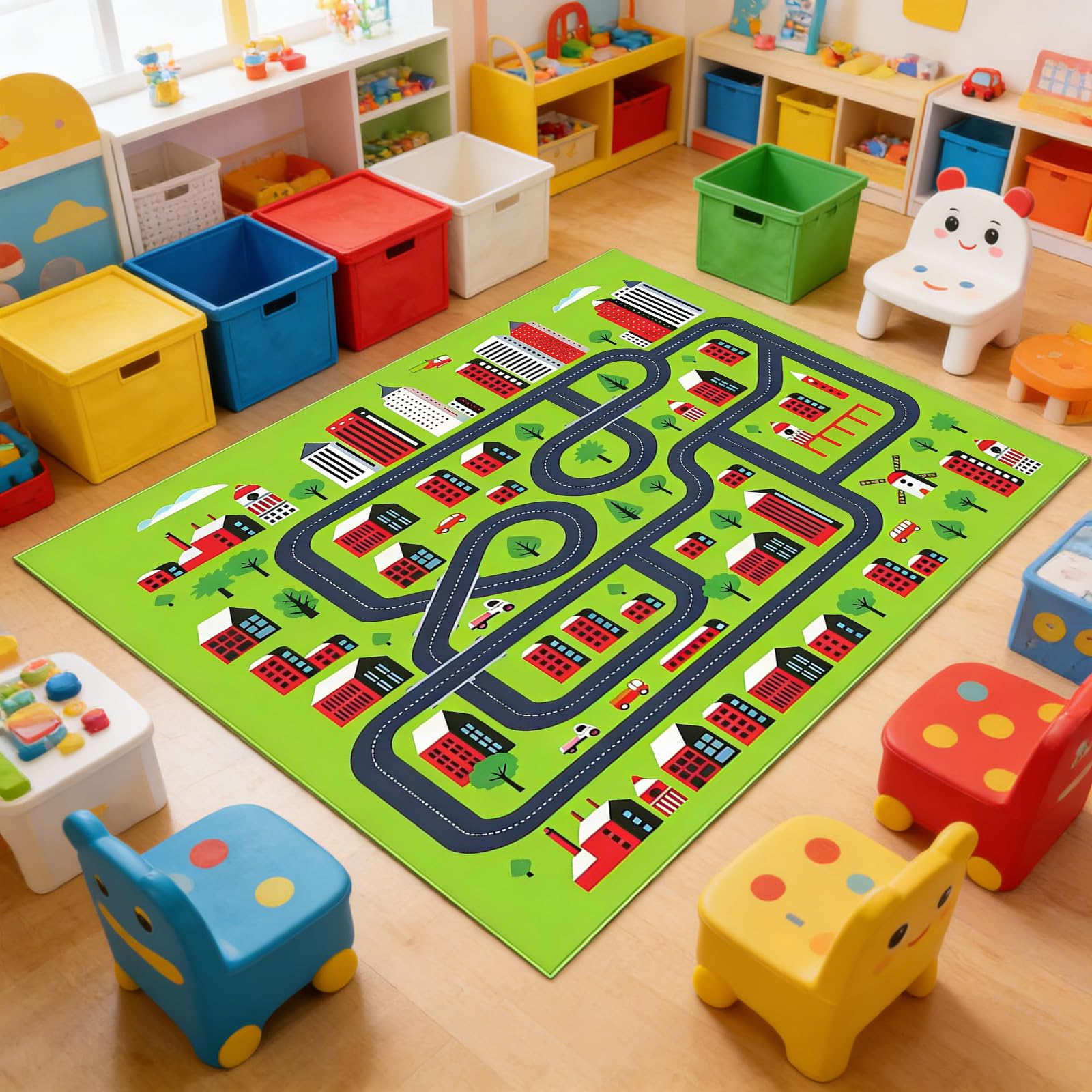 PORFOYO Tappeto Gioco,80 * 120 CM Tappetino Da Gioco,Tappeto Macchinine,Tappeto Stradale,Tappeto Da Gioco Pieghevole Per Decorare Una Sala Giochi O Una Camera Da Letto,Antiscivolo, Resistente,Verde