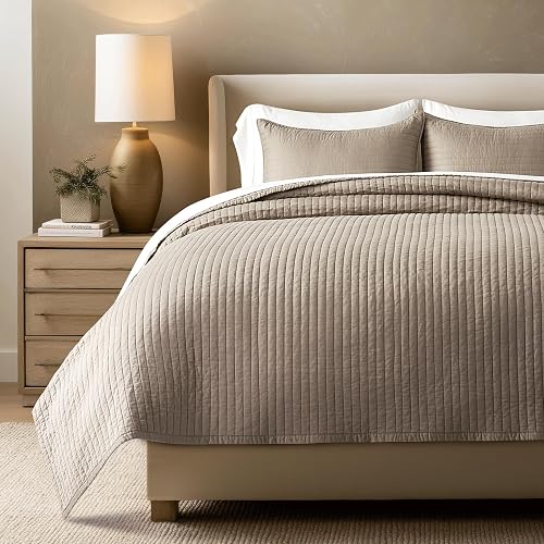 EVERGRACEHOME Cotton Sateen Quilt Set King Size, Pre-Washed Cotton Channel Stitch Coverlet Bedspread, 3 Pieces Lightweight Soft Bedding Sets for All Season, with 2 Pillow Shams, Stone Taupe