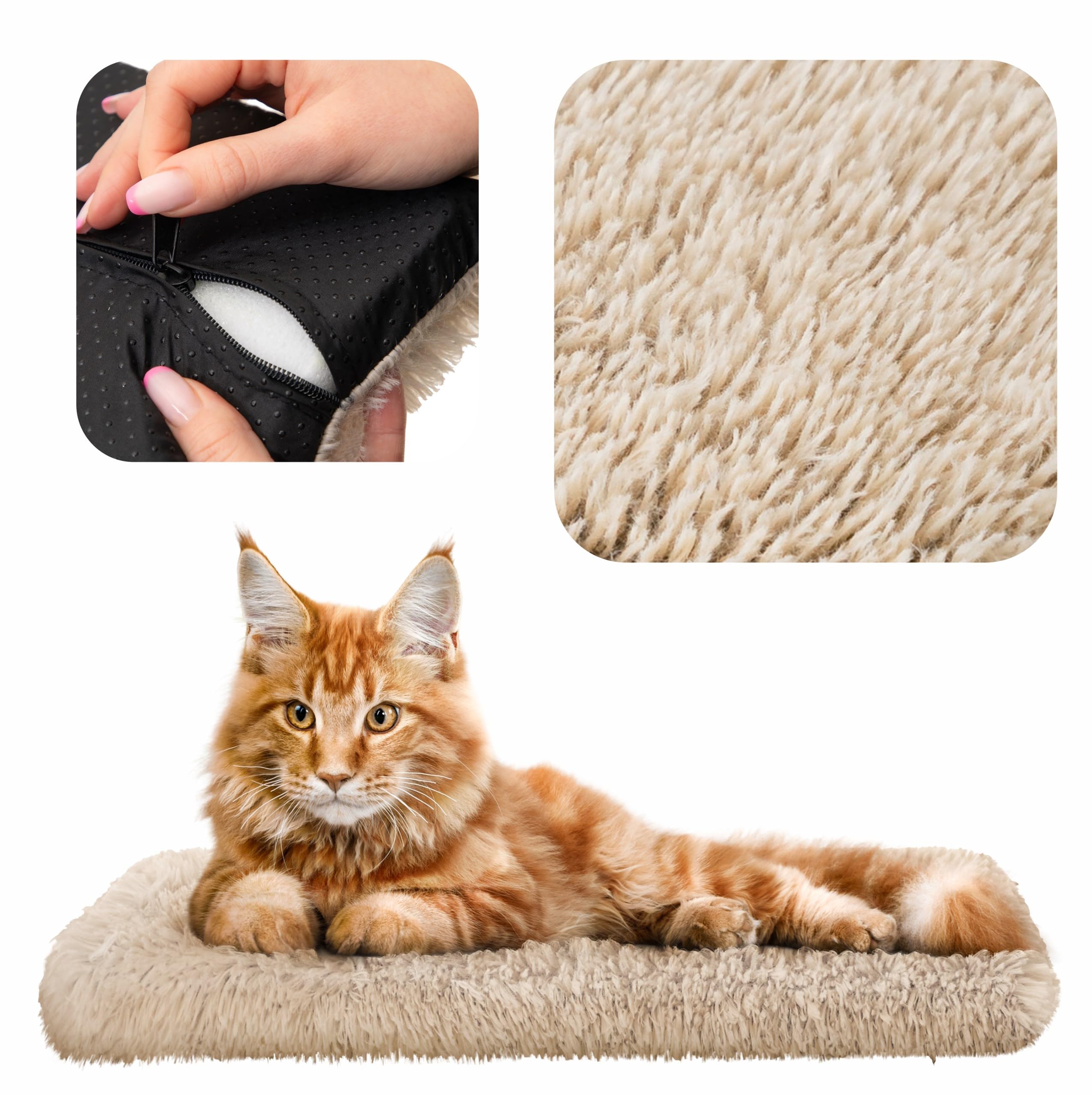 Katzen Fensterliege Fensterbank rutschfest - Katzenbett Fensterbank 60x20 cm - Weich & Kuschelig - Fensterliege für Katzen Selbstheizende Katzendecke - Waschbarer Bezug (Beige)