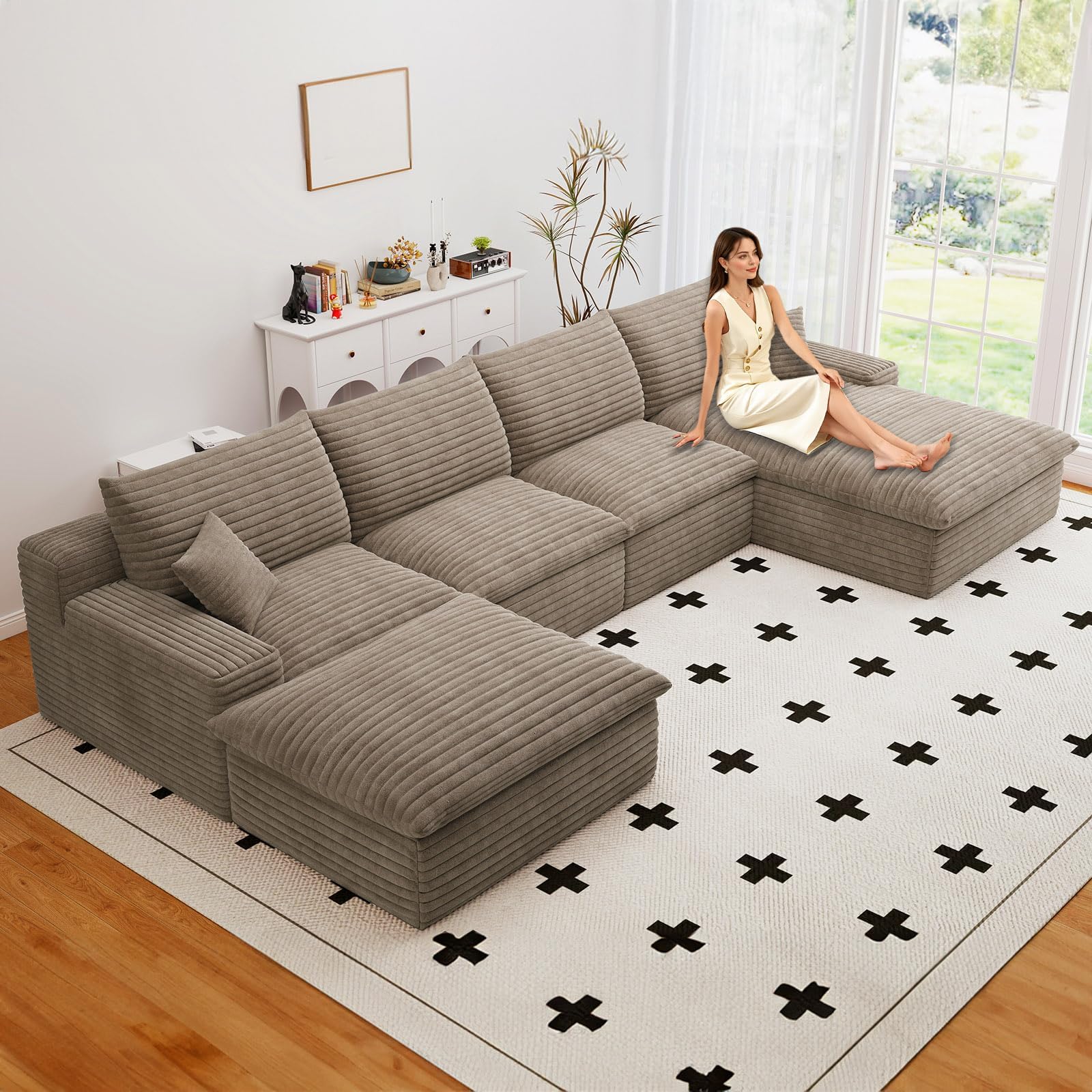 136" Cloud Couch Modular Sectional Sofa for Living Room, U-Shape Boneless Couch with Deep Seat, Modern Corduroy 4-Seater with Ottoman, No Assembly Required (Camel,Right-Facing Chaise)