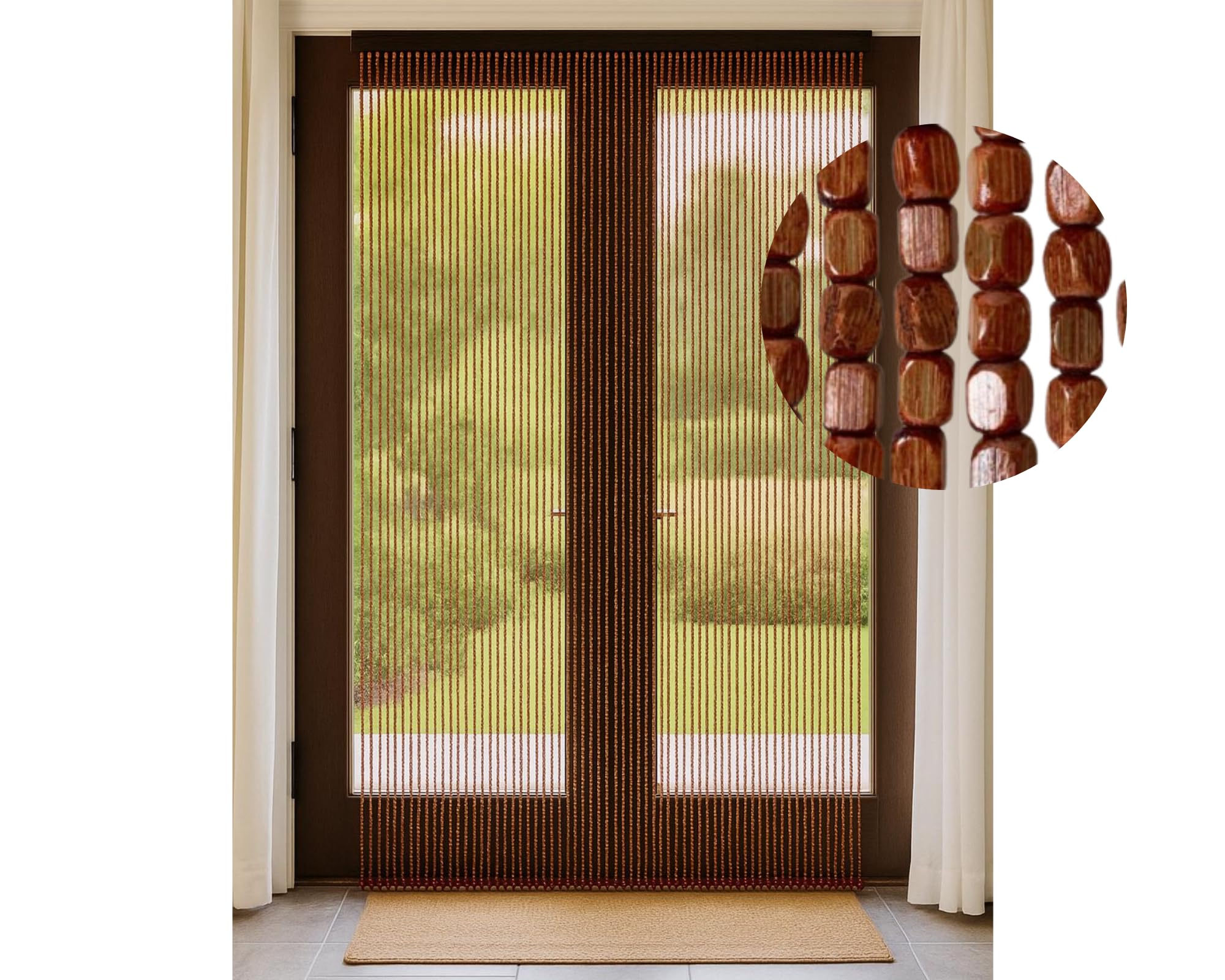 Tenda Antimosche a Perline per Porta Finestra a Pannello Moschiera con Catenelle da Esterno Mod. Legno Bamboo (Marrone, 100x220 cm)
