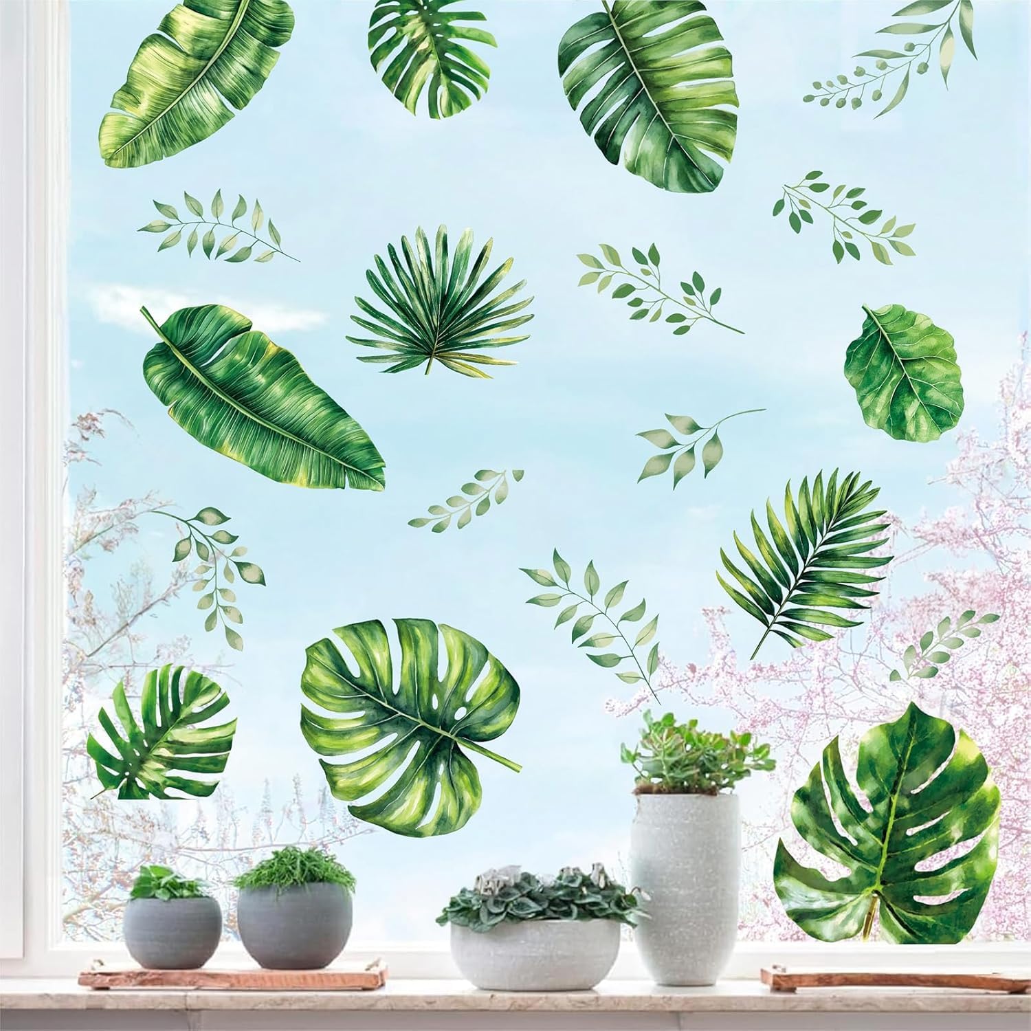 ANHUIB Fensteraufkleber Grüne Blätter Fensterbilder Sommer Frühling Fenster Abziehbilder Pflanzen Blätter Anti-Kollision Fensterfolie Glastüren Fensterdeko Aufkleber Küche Fensterfolie Pflanzen Deko
