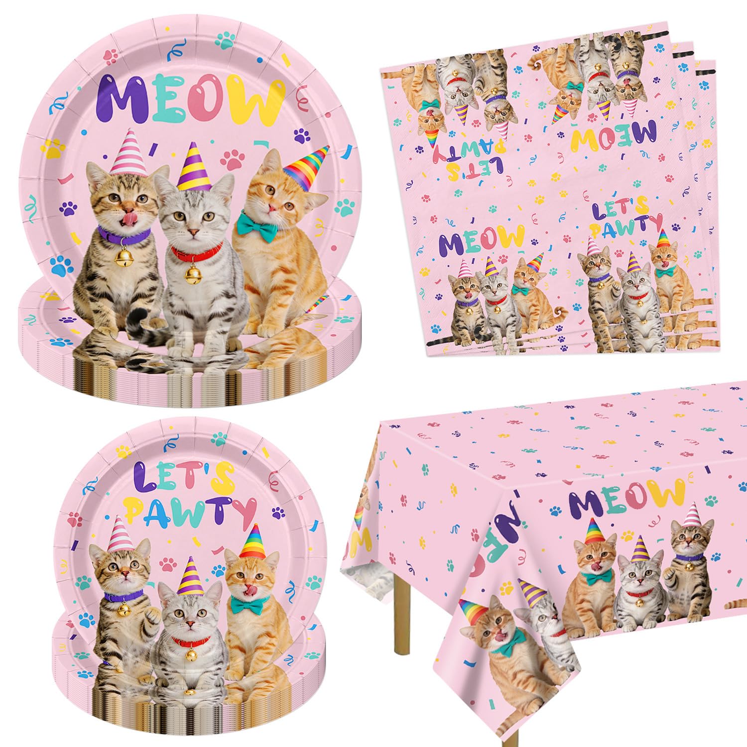 Hegbolke 61 Pcs Cat Birthday Decorations - Including Plates, Napkins, Kitten Tablecloth for Cat Themed Birthday Party Decorations Girl Party, Serve 20, Pink