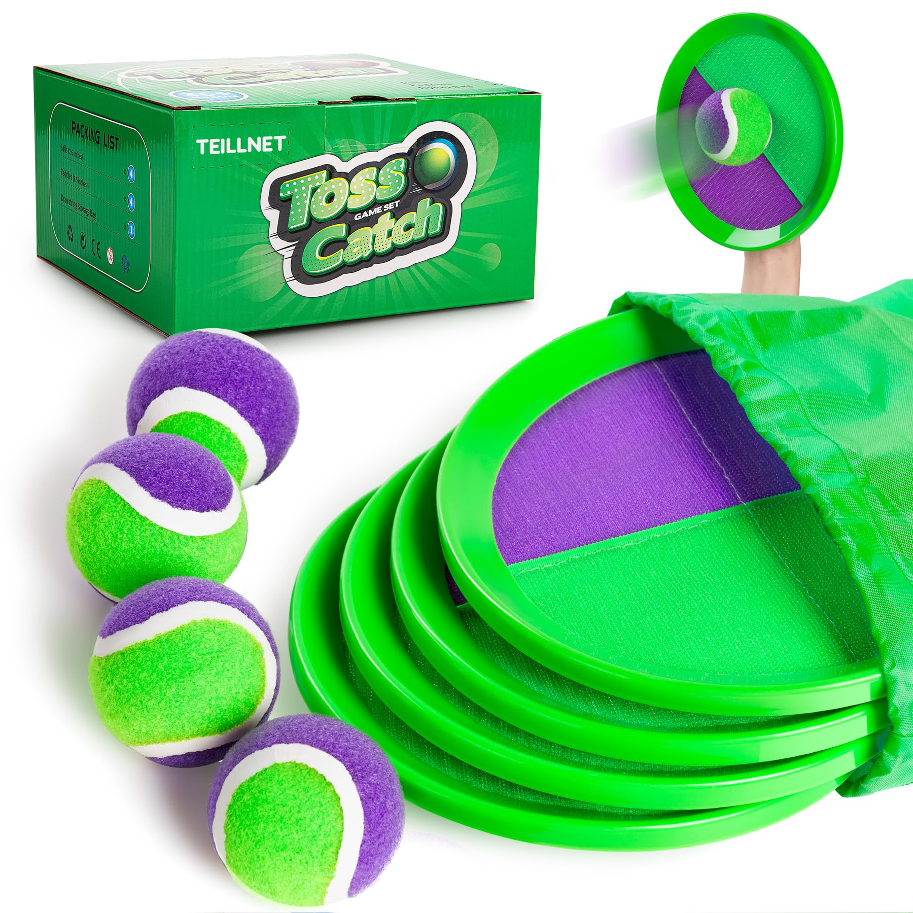 Vastoy Toss and Catch Ball Set with 4 Sticky Paddles & Balls, Quick-Dry Beach Toss Toy, Sticky Paddles with Adjustable Strap for Kids Adults, Play Catch Game for Family in Pool, Carry Bag Included