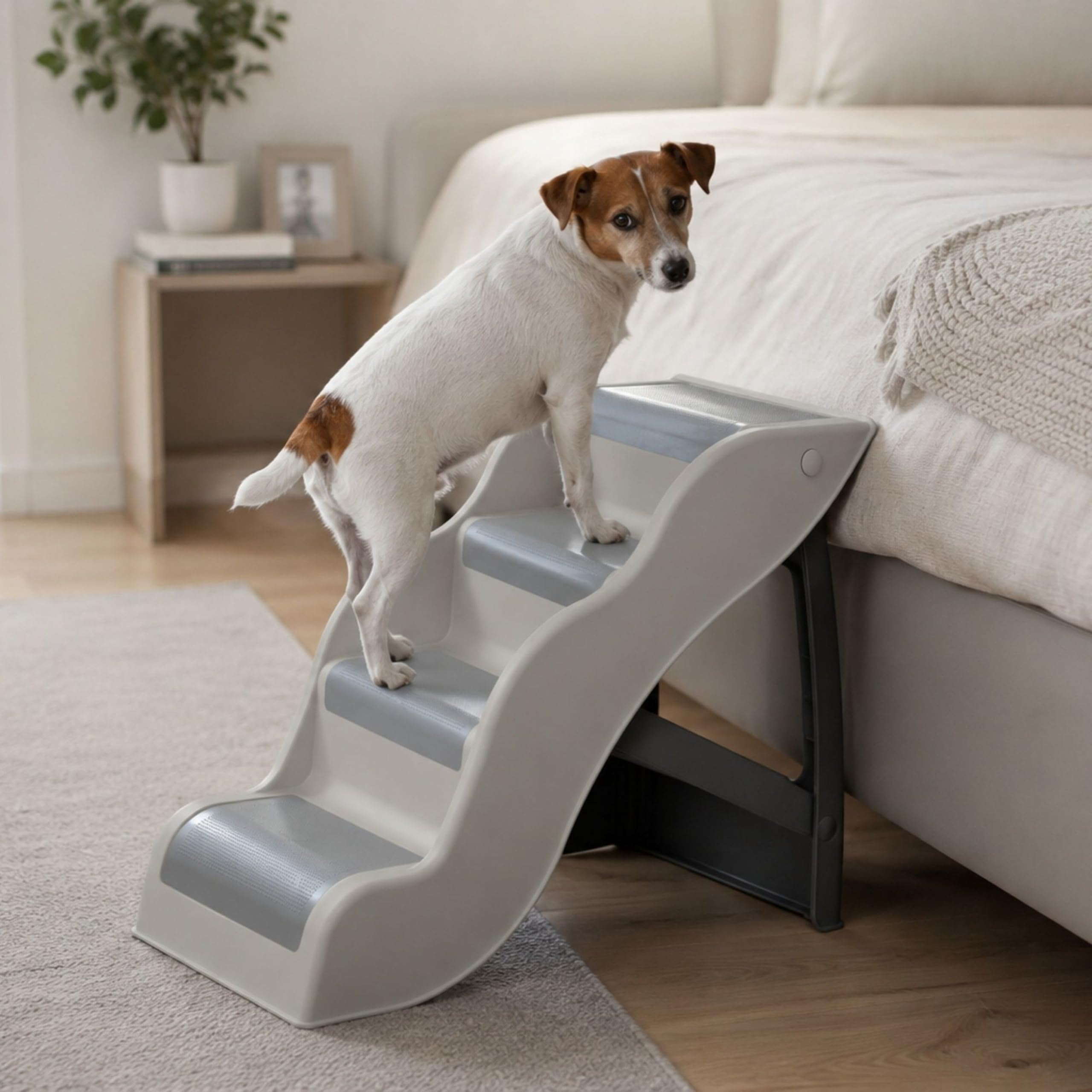 TRIXIE Scaletta per animali domestici a 4 gradini, leggera e pieghevole, facile da riporre, con gradini antiscivolo, ideale per cani e gatti, grigio | Battistrada in gomma antiscivolo, per letti e divani, pieghevole, facile da riporre