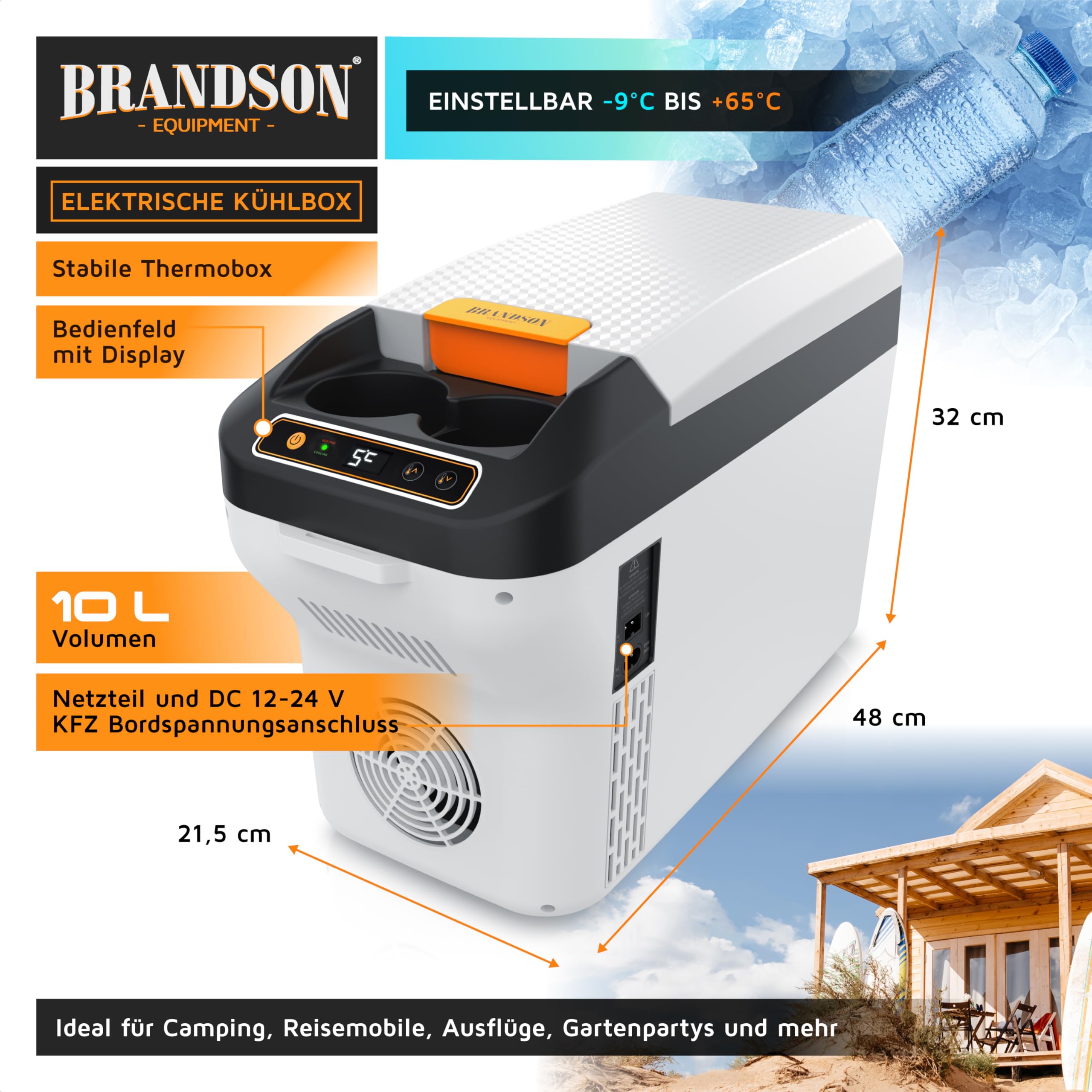Brandson - Lodówka elektryczna 10 l – 230 V napięcie sieciowe i napięcie pokładowe 12 V – chłodzi i ogrzewa – ogrzewanie maks. 65°C – schłodzenie ok. 20°C poniżej temperatury otoczenia – do konsoli
