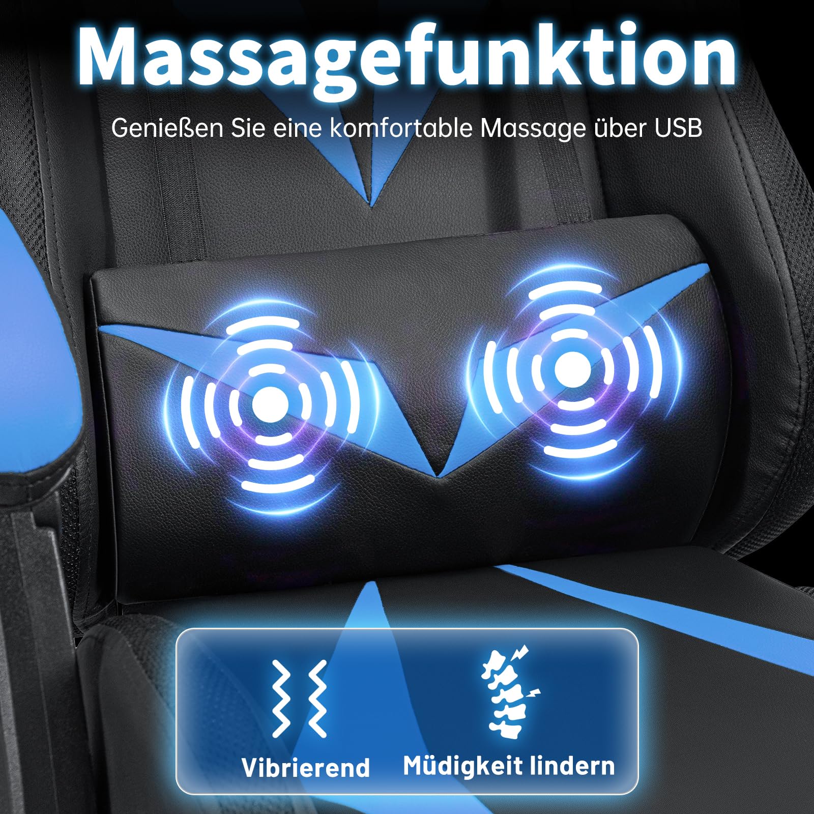 LED Gaming Stuhl mit Lautsprechern 135°Computer Stuhl mit RGB Lichter-Blau | Bluetooth Spielstuhl mit Massage Lumbalstütze;Liegestühle mit Fußbrett;PC Gaming Sessel für Erwachsene Gaming Arbeit Lernen