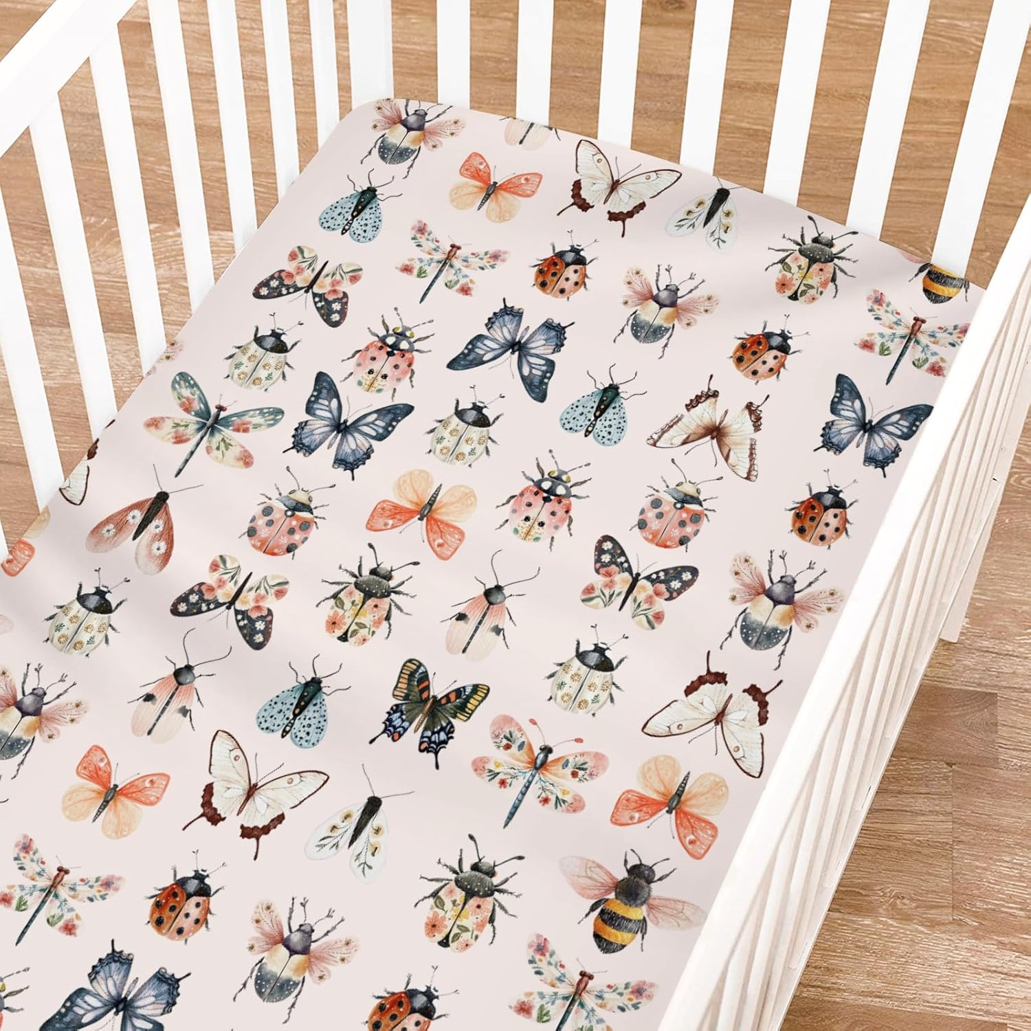 Vintage Butterflies Boho Wildflowers Baby Crib Sheets Boy Girl 52"x28" Watercolor Bees Butterflies Spring Floral Crib Mattress Cover Soft Breathable Baby Sheet for Standard Crib & Toddler Bed Mattress