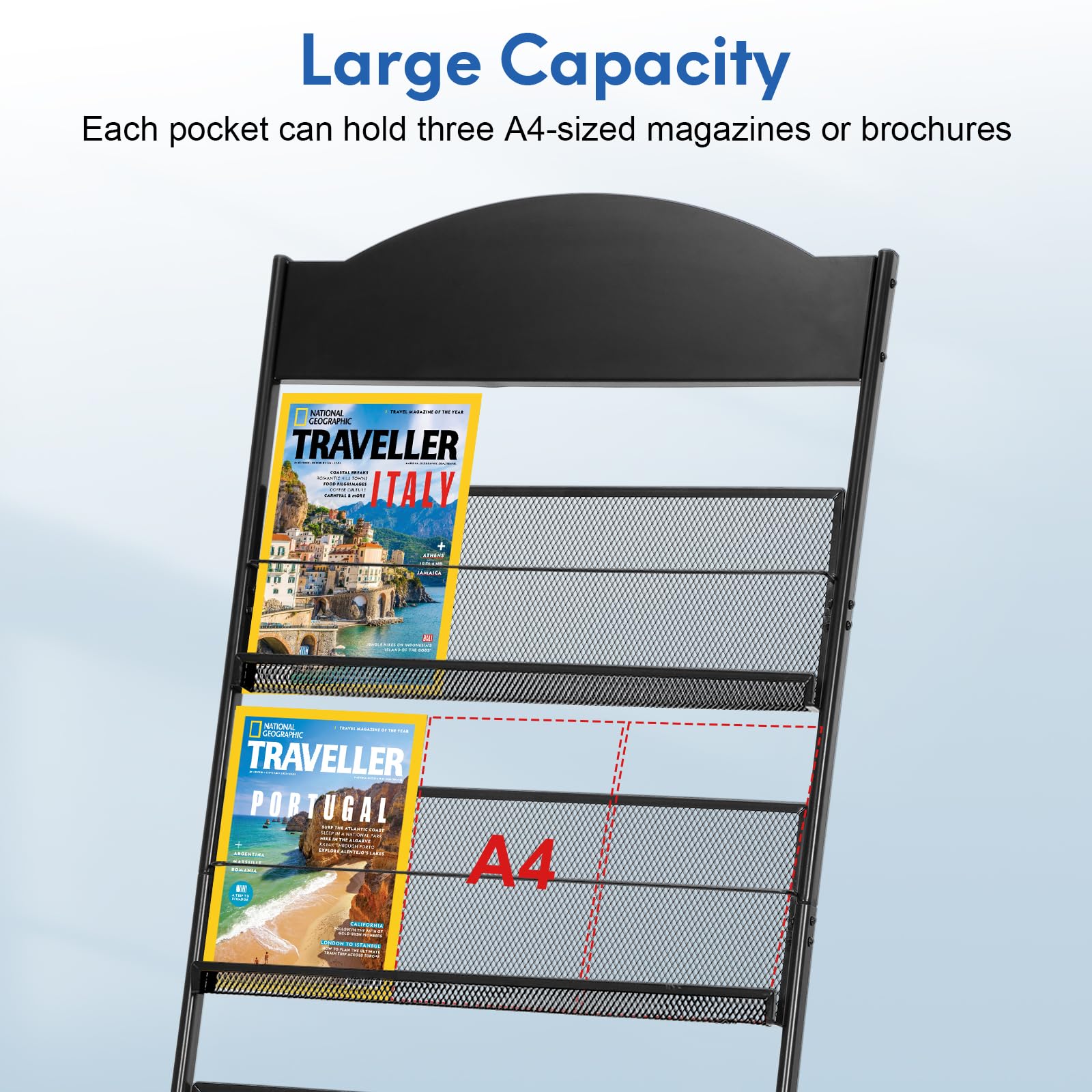Bodenstehendes Magazin-Rack Magazin-Ständer, 4-Fach Zeitschriften-Displayständer für Ausstellungen, Schulen, Geschäfte (Schwarz)