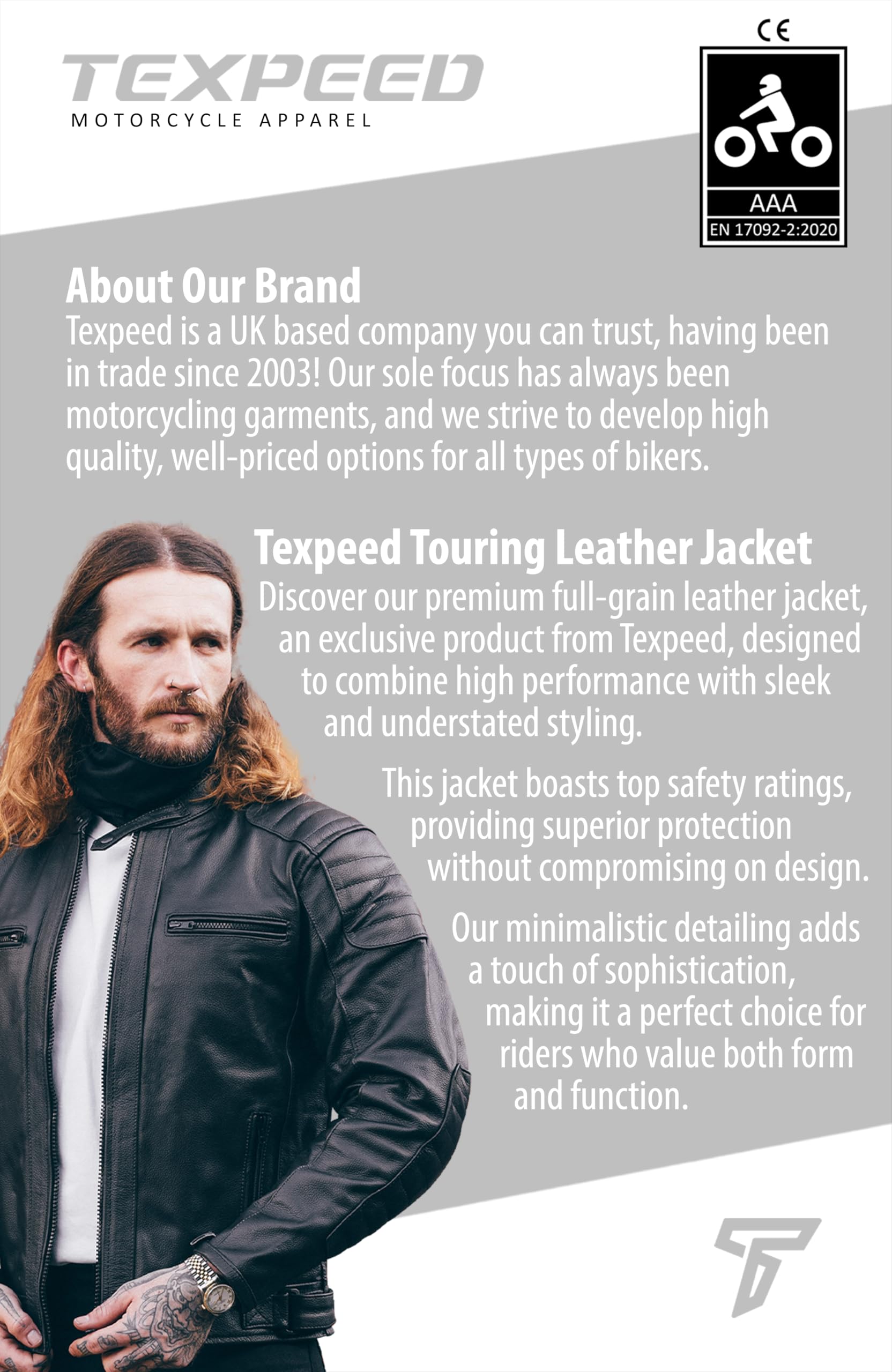 Texpeed Chaqueta de moto de cuero para hombre - Chaqueta de moto Touring con protección de armadura auténtica Biker CE (EN 1621-1) Diseño con costuras acolchadas - Negro - L