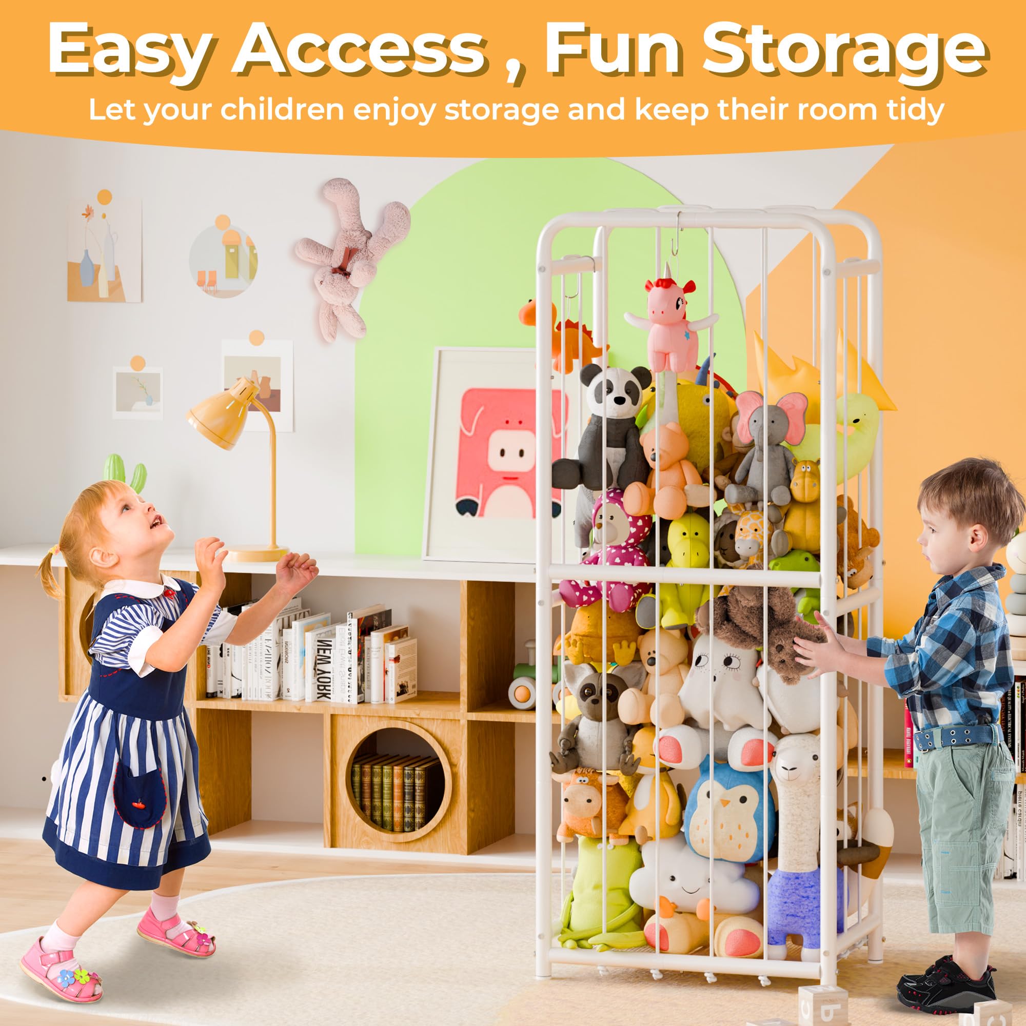 GRANNY SAYS Stuffed Animal Storage Tube, Large Stuffed Animal Holder with Elastic Band and Hooks, Metal Stuff Animal Organizer for Plushies Storage, Kids Toy Storage Organizer for Bedroom Playroom