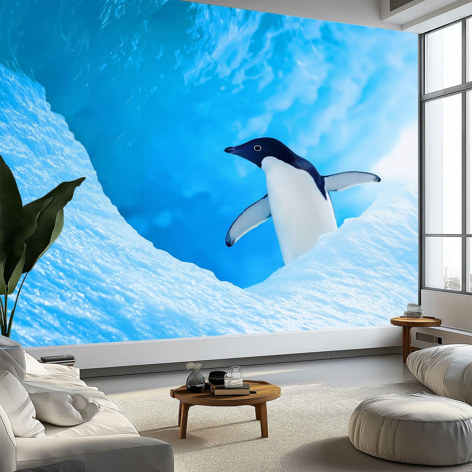 Fototapeta 3D 200 x 140 cm do pokoju dziecięcego realistyczna niebieska tapeta z włókniny jaskinie lodowe i pingwiny - dekoracja ścienna do pokoju chłopców i dziewcząt, łatwy montaż