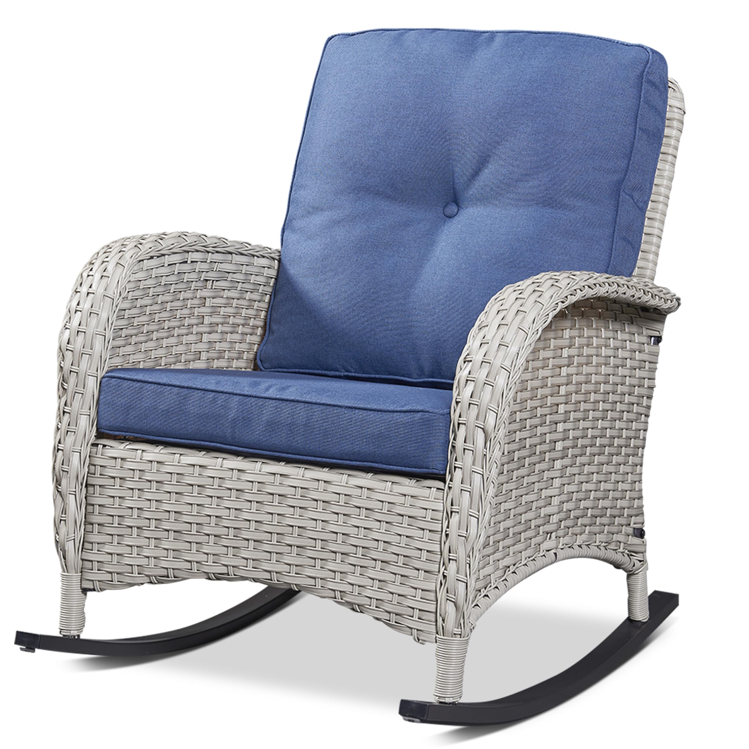 Belord Patio Rocking Chair Wicker Chair, 1 Piece Outdoor Rocking Chair Seating with Cushions for Porch Deck Balcony, Light Beige/Blue