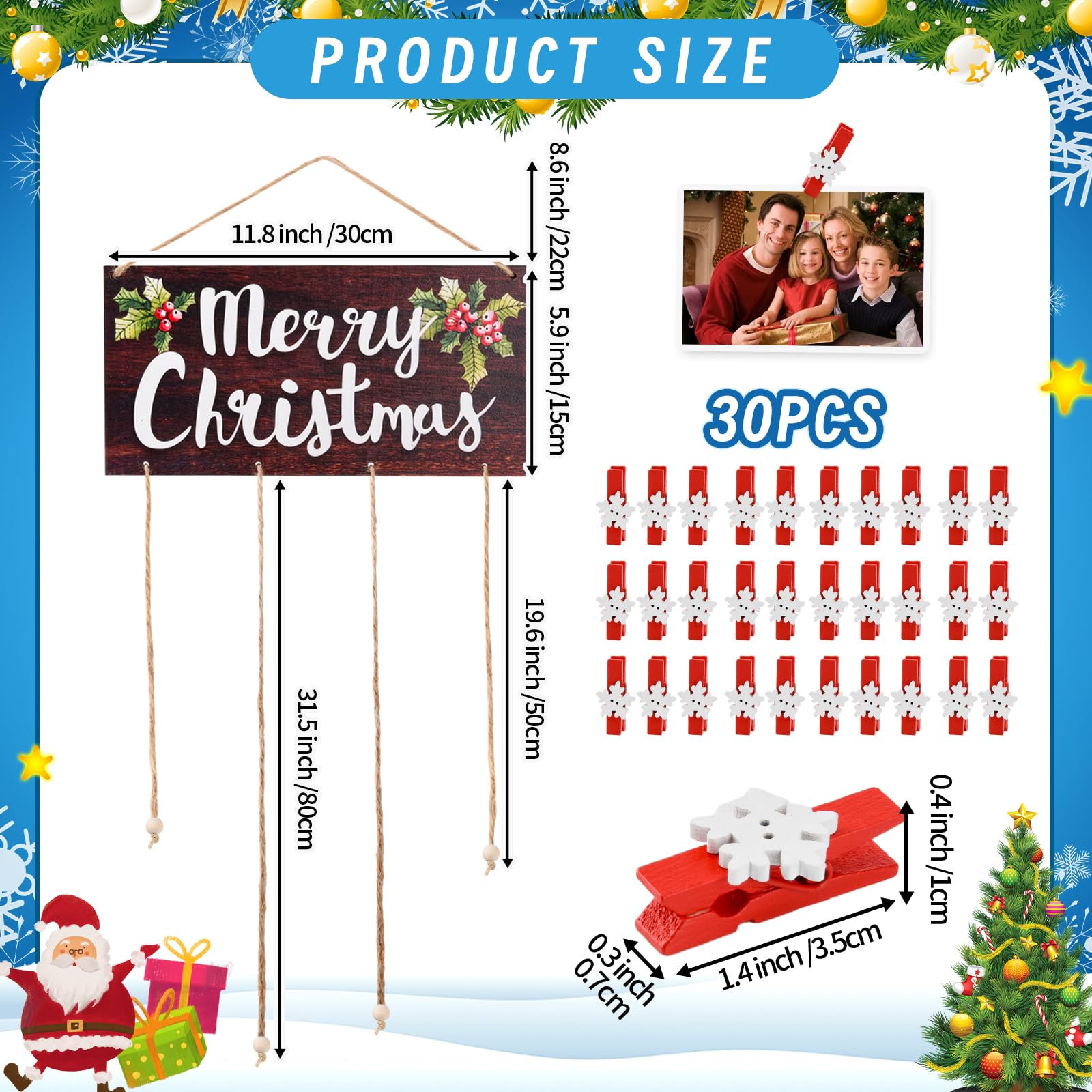 Ychelhr Christmas Card Holder, Merry Christmas Wooden Hanging Picture Display with 30 Photo Clips for Xmas Cards Home Wall - Image 3