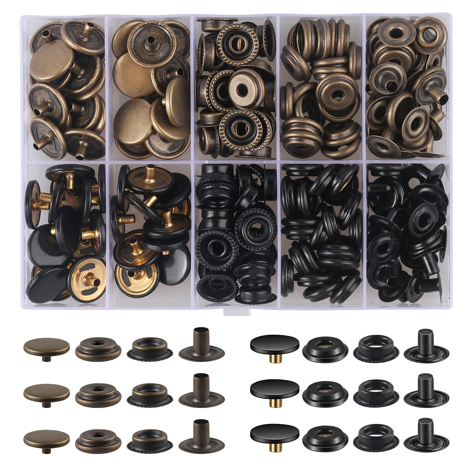 200 Pieces (50 Sets) 15MM Snap Fastener Kit 5/8 inches (15mm) Snap Button Snaps for Leather Snaps and Fasteners for Leather Stainless Snaps for Bag, Jeans, Clothes, Fabric (Black+Bronze)