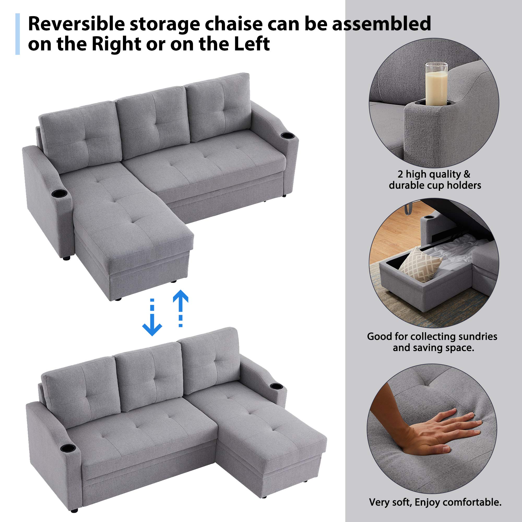 81inch Reversible Sleeper Sectional Sofa with Storage and 2 Cup Holder